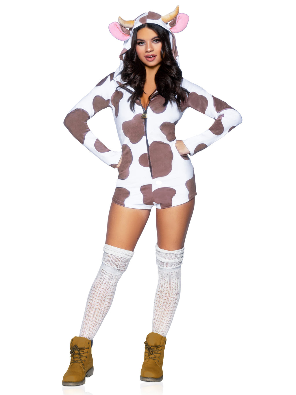 1 PC Comfy Cow Costume, Includes Ultra-Soft Velvet Plush Zip Up Romper with Cow Bell Zipper Pull, Horn and Ear Hood, and Fur-Tipped Tail