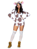 1 PC Comfy Cow Costume, Includes Ultra-Soft Velvet Plush Zip Up Romper with Cow Bell Zipper Pull, Horn and Ear Hood, and Fur-Tipped Tail