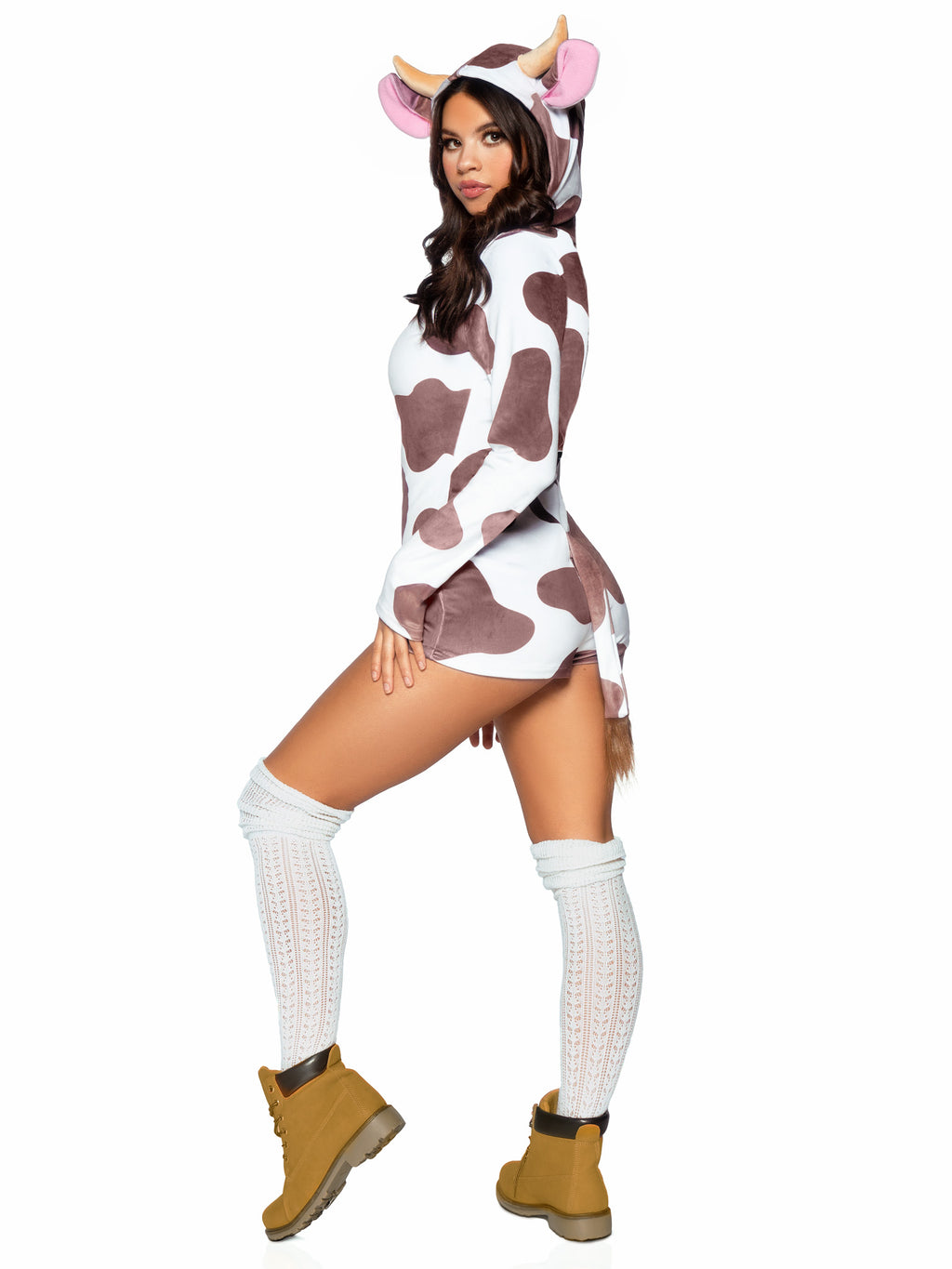 1 PC Comfy Cow Costume, Includes Ultra-Soft Velvet Plush Zip Up Romper with Cow Bell Zipper Pull, Horn and Ear Hood, and Fur-Tipped Tail