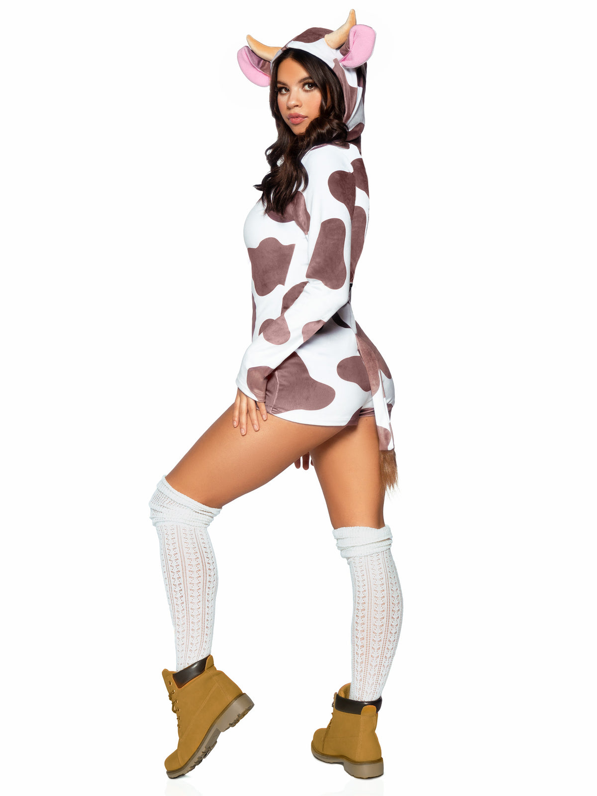 1 PC Comfy Cow Costume, Includes Ultra-Soft Velvet Plush Zip Up Romper with Cow Bell Zipper Pull, Horn and Ear Hood, and Fur-Tipped Tail