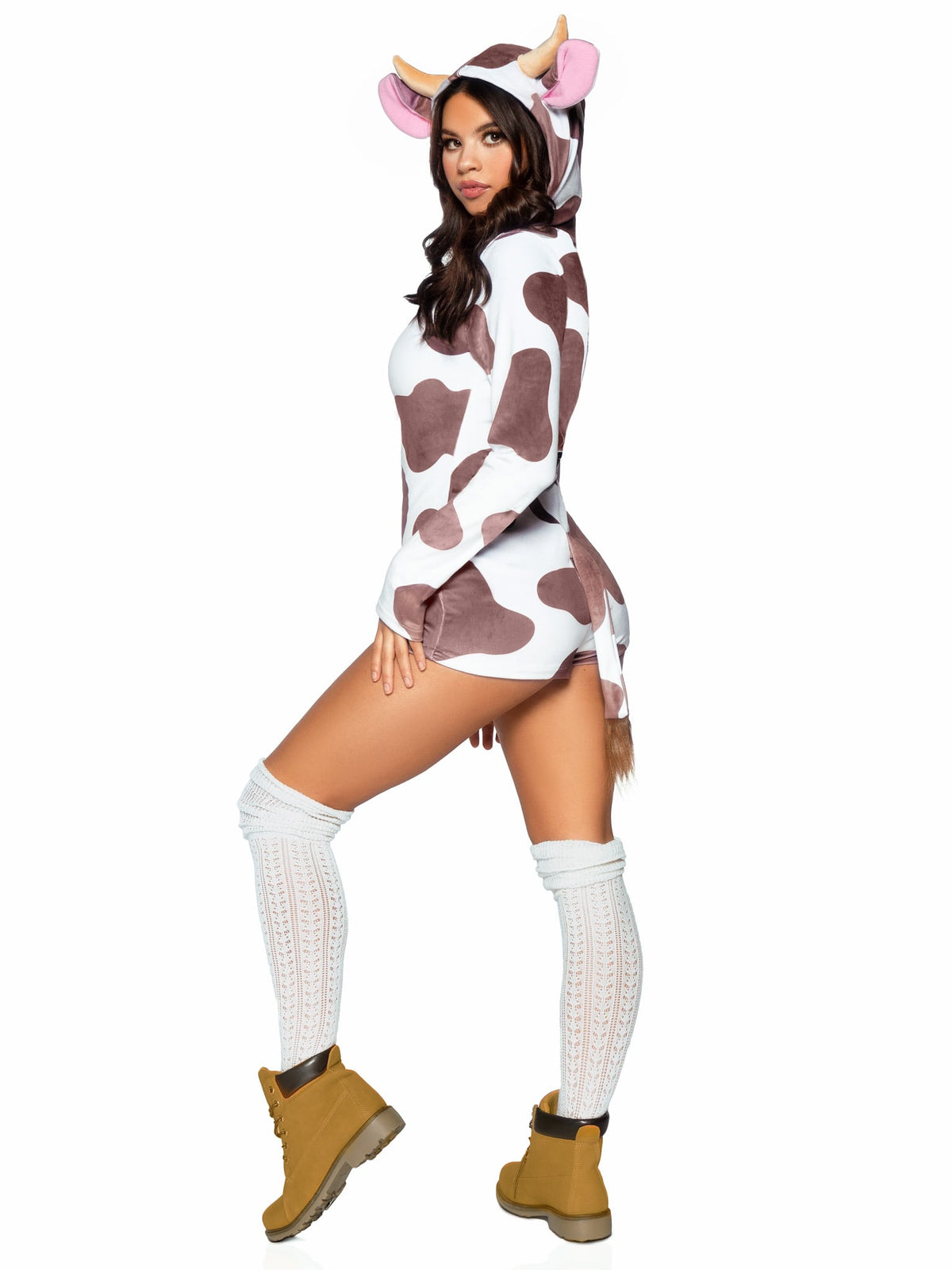 1 PC Comfy Cow Costume, Includes Ultra-Soft Velvet Plush Zip Up Romper with Cow Bell Zipper Pull, Horn and Ear Hood, and Fur-Tipped Tail