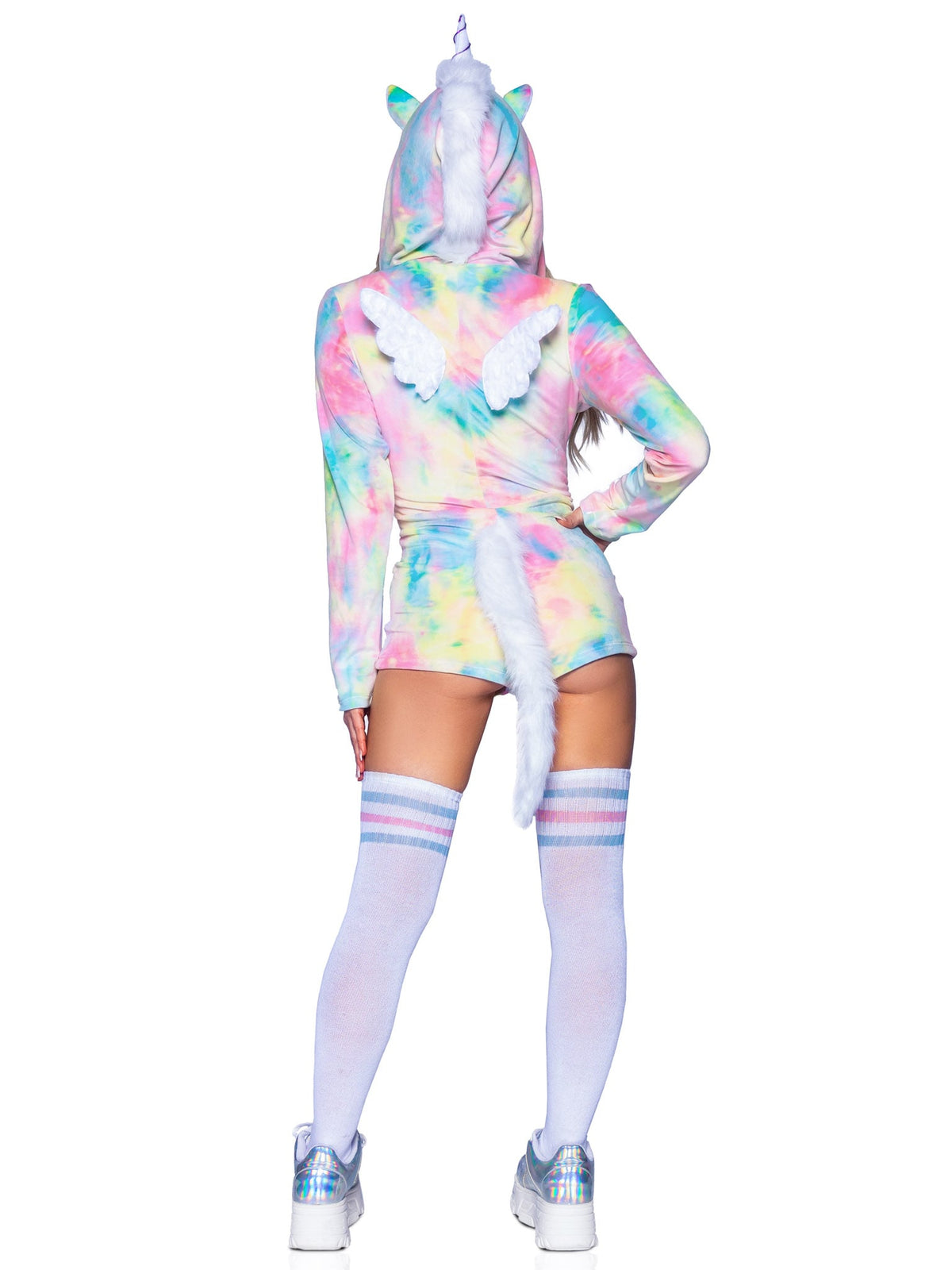 1 PC Comfy Unicorn Costume, Includes Ultra-Soft Velvet Plush Zip Up Rainbow Tie-Dye Romper with Horn Hood, Furry Main and Tail, and Magical Mini Wings.