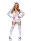 1 PC Comfy Unicorn Costume, Includes Ultra-Soft Velvet Plush Zip Up Rainbow Tie-Dye Romper with Horn Hood, Furry Main and Tail, and Magical Mini Wings.