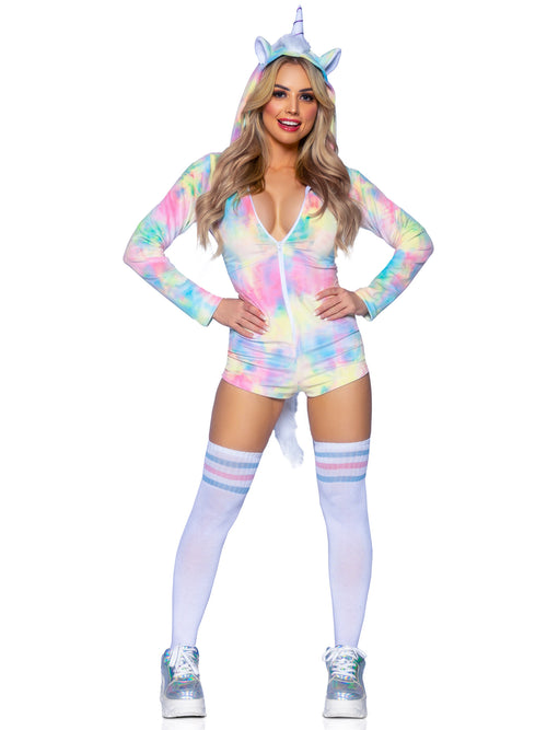 1 PC Comfy Unicorn Costume, Includes Ultra-Soft Velvet Plush Zip Up Rainbow Tie-Dye Romper with Horn Hood, Furry Main and Tail, and Magical Mini Wings.