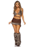 3 PC Cave Babe Costume, Includes Wrap-Around Fur Bikini Top, Faux Suede Asymmetrical Skirt, and Fur Leg Warmers