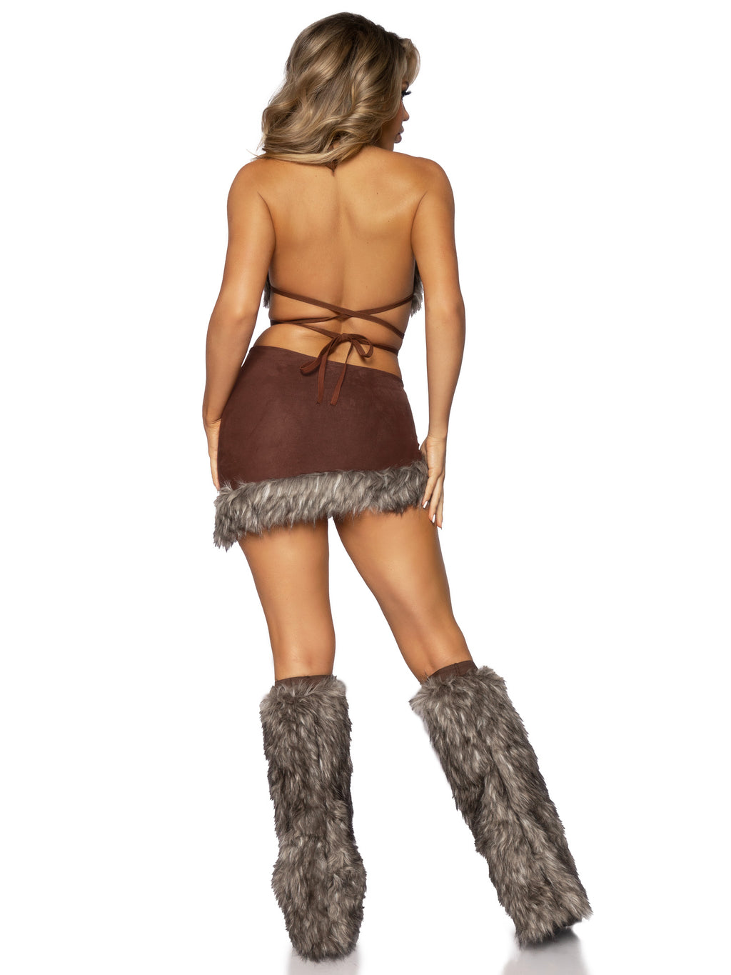 3 PC Cave Babe Costume, Includes Wrap-Around Fur Bikini Top, Faux Suede Asymmetrical Skirt, and Fur Leg Warmers