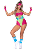 5 PC 80s Workout Hottie Costume, Includes Bandeau, Suspender Romper, Belt, Wrist Bands, and Headband