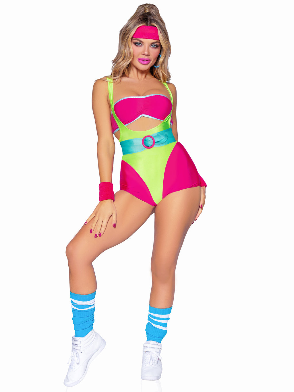 5 PC 80s Workout Hottie Costume, Includes Bandeau, Suspender Romper, Belt, Wrist Bands, and Headband