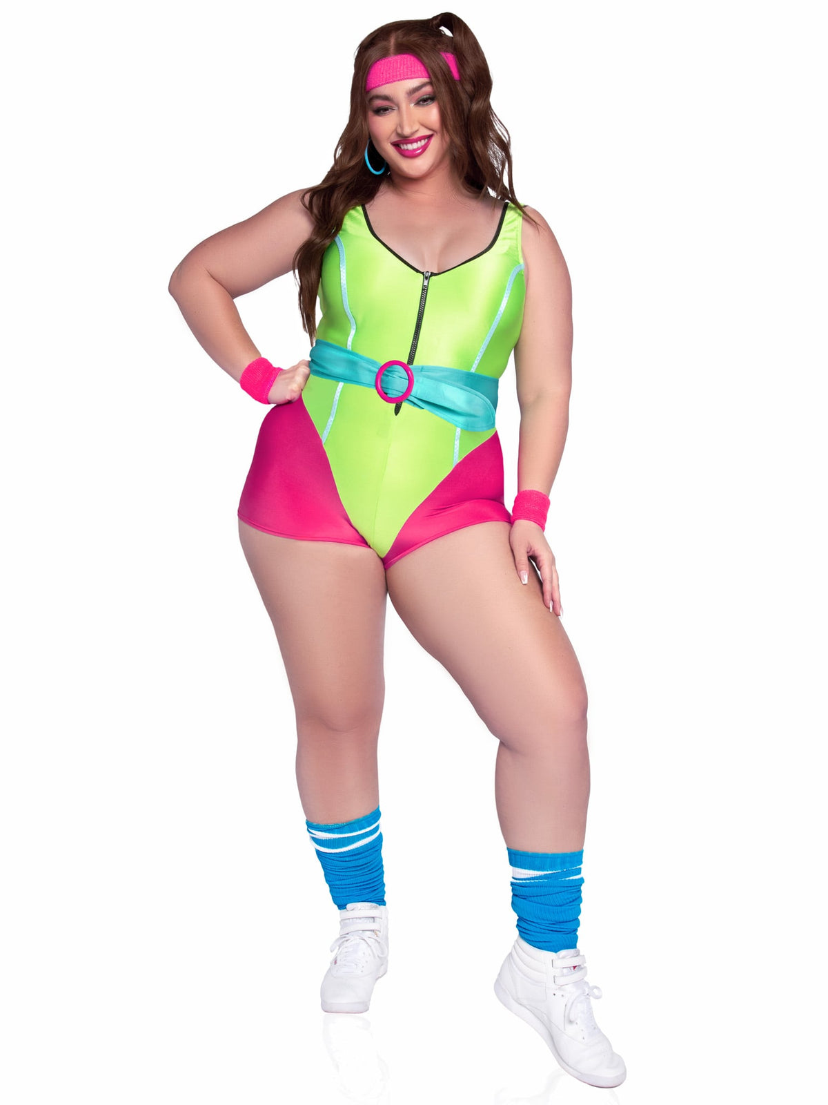 Plus Size 4 PC 80s Workout Hottie Costume, Includes Zip-Up Romper, Belt, Wrist Bands, and Headband