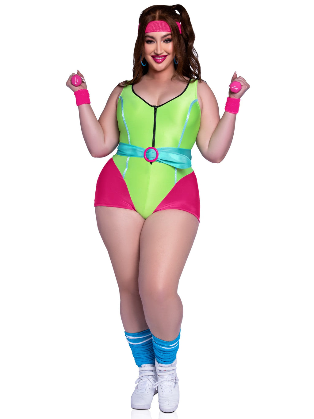 Plus Size 4 PC 80s Workout Hottie Costume, Includes Zip-Up Romper, Belt, Wrist Bands, and Headband