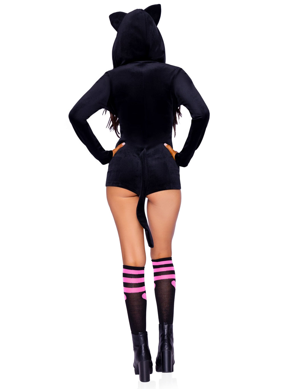 1 PC Comfy Cat Costume, Includes Ultra-Soft Velvet Plush Zip Up Romper with Bell Zipper Pull, Ear Hood, and Kitty Tail
