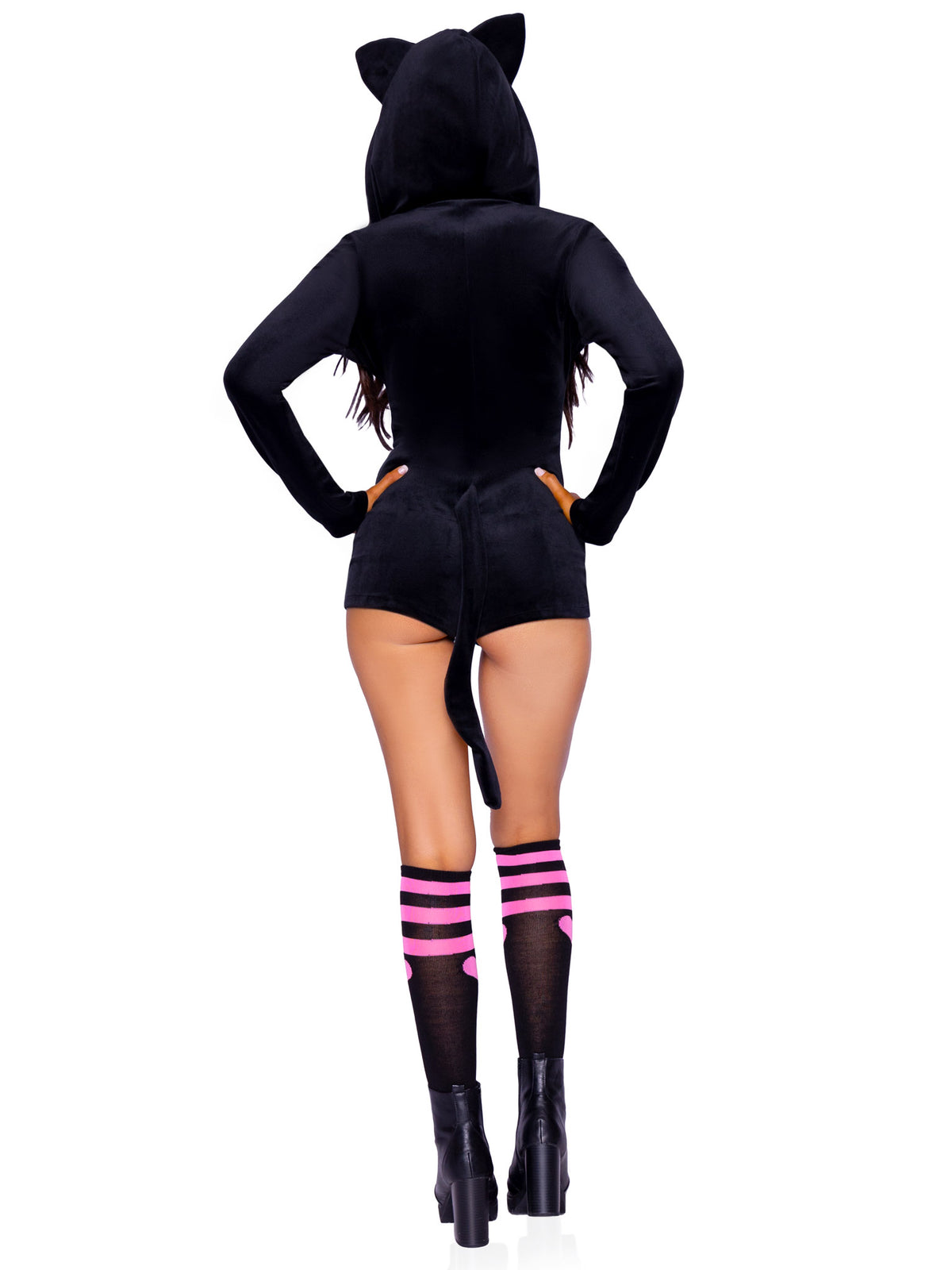 1 PC Comfy Cat Costume, Includes Ultra-Soft Velvet Plush Zip Up Romper with Bell Zipper Pull, Ear Hood, and Kitty Tail