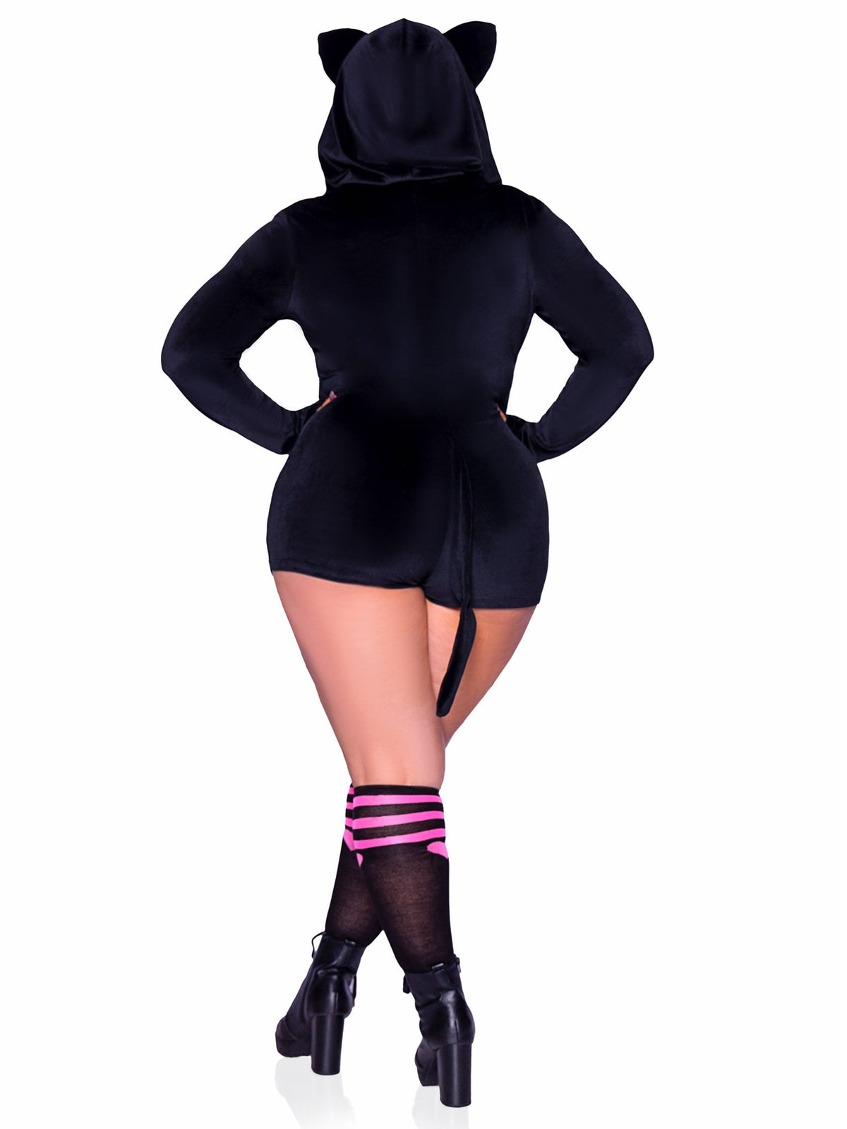 Plus Size 1 PC Comfy Cat Costume, Includes Ultra-Soft Velvet Plush Zip Up Romper with Bell Zipper Pull, Ear Hood, and Kitty Tail