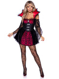 2 PC Victorian Vampire Costume, Includes Lace Dress with Bell-Sleeves and Waist Cincher Buckle Accents, Scalloped Stay Up Collar, and Jeweled Head Piece