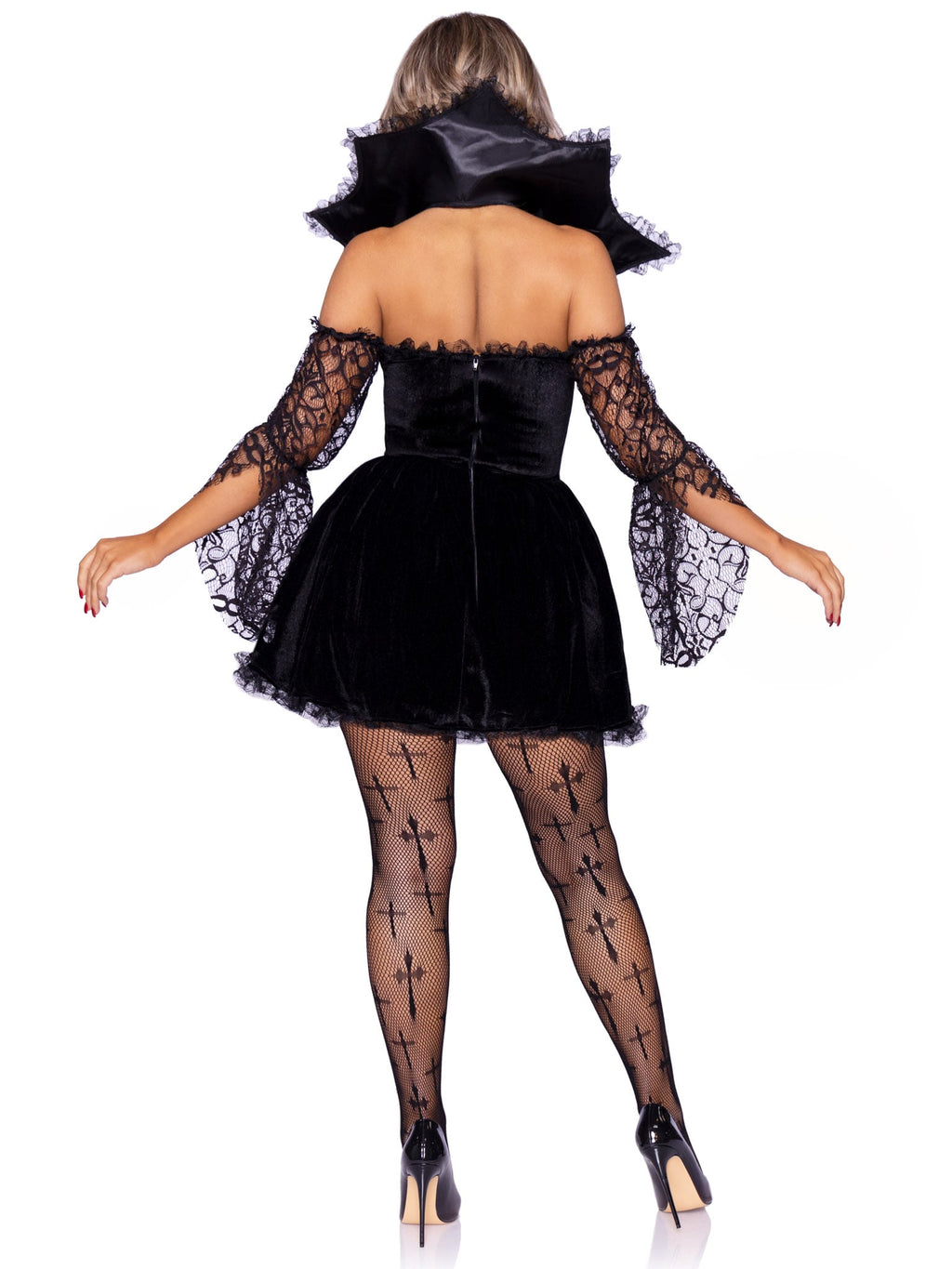 2 PC Victorian Vampire Costume, Includes Lace Dress with Bell-Sleeves and Waist Cincher Buckle Accents, Scalloped Stay Up Collar, and Jeweled Head Piece