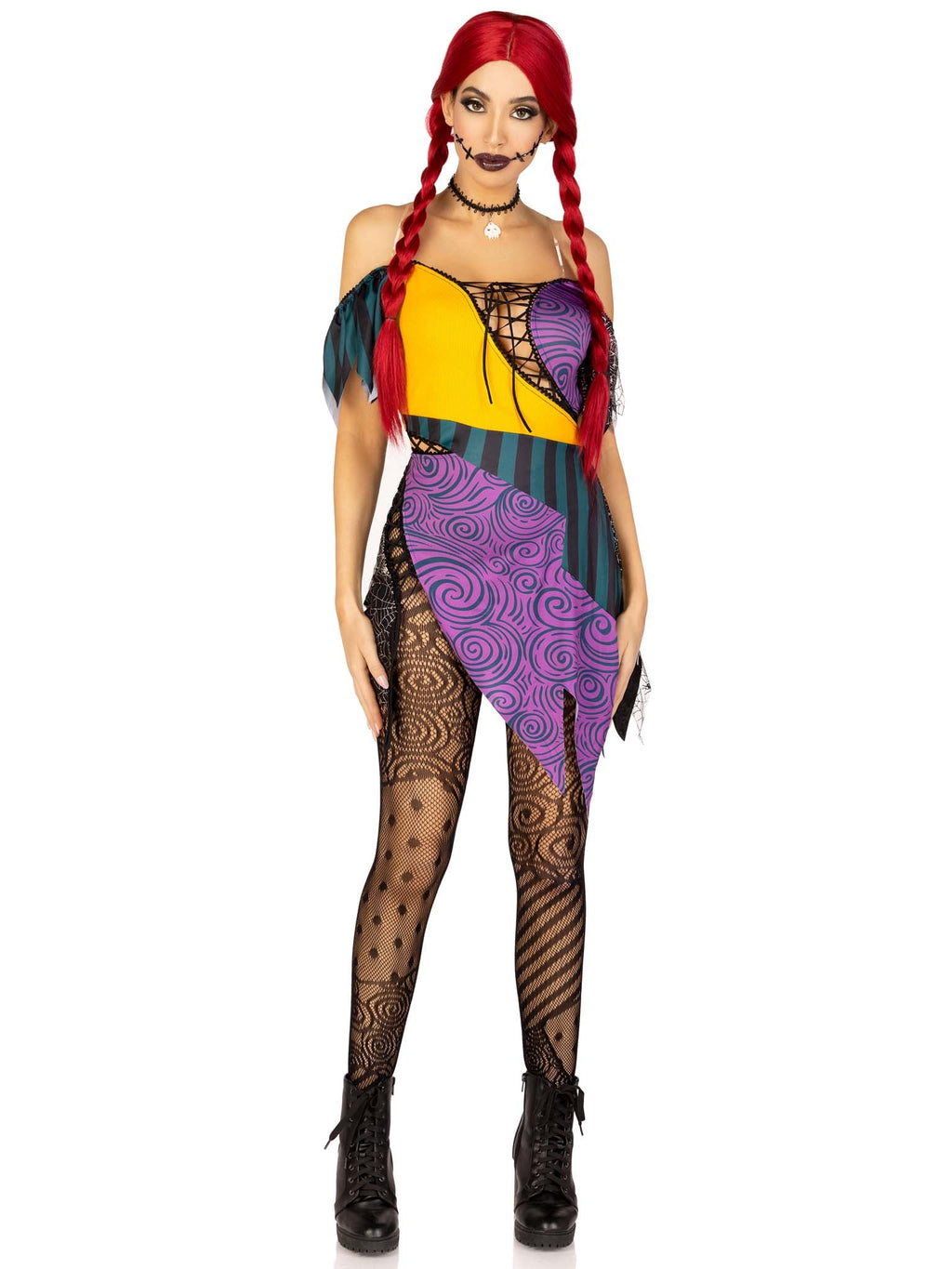 3 PC Darling Rag Doll Costume, Includes Patchwork Dress with Adjustable Lace Ups and Tattered Skirt, Detachable Clear Straps, and Skull Head Choker