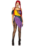 3 PC Darling Rag Doll Costume, Includes Patchwork Dress with Adjustable Lace Ups and Tattered Skirt, Detachable Clear Straps, and Skull Head Choker