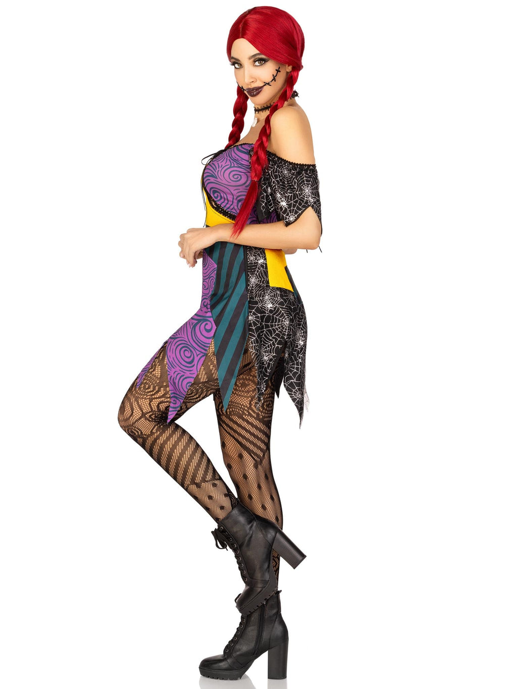 3 PC Darling Rag Doll Costume, Includes Patchwork Dress with Adjustable Lace Ups and Tattered Skirt, Detachable Clear Straps, and Skull Head Choker