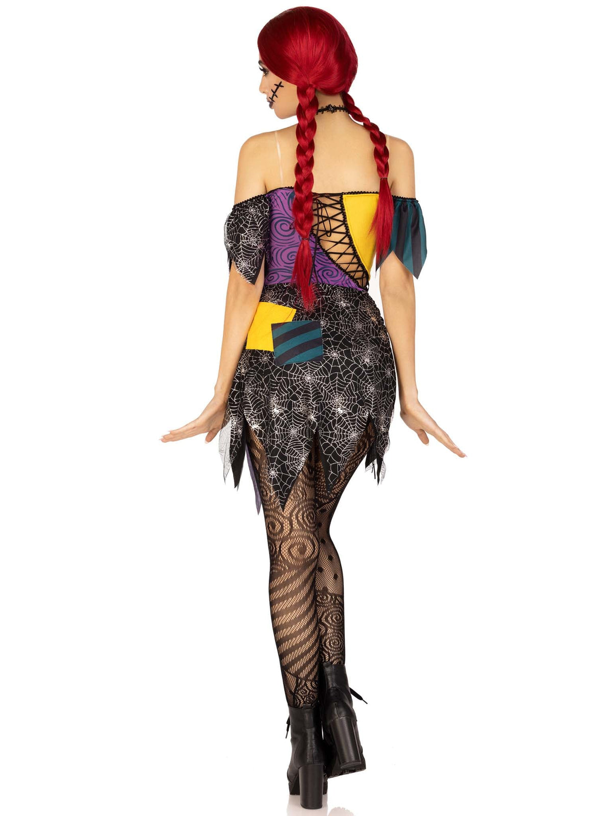 3 PC Darling Rag Doll Costume, Includes Patchwork Dress with Adjustable Lace Ups and Tattered Skirt, Detachable Clear Straps, and Skull Head Choker