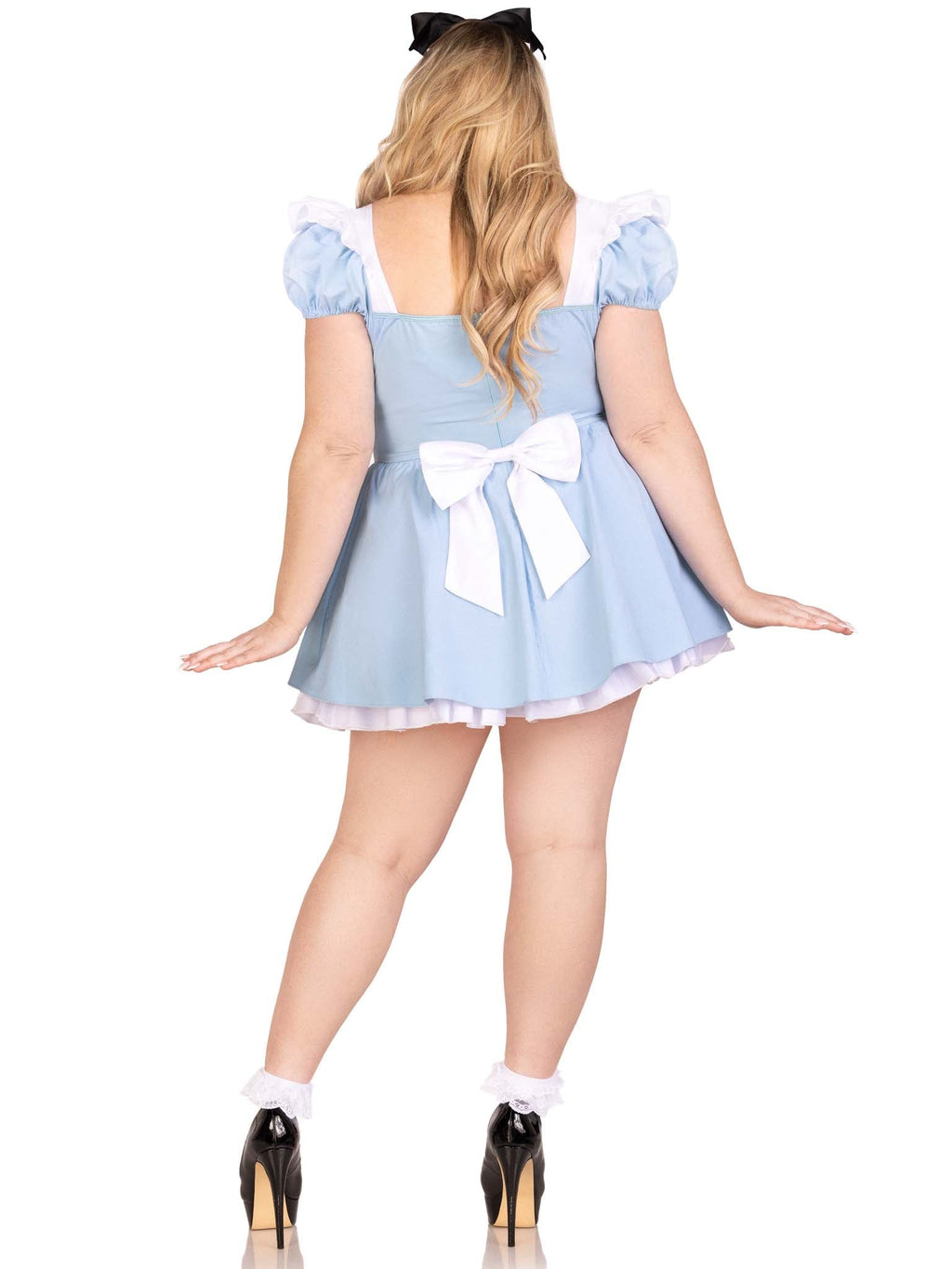 Plus Size 3 PC Storybook Alice Costume, Includes Stretch Twill Lace Up Apron Dress with Built-In Petticoat, Pin On Back Bow, and Bow Headband