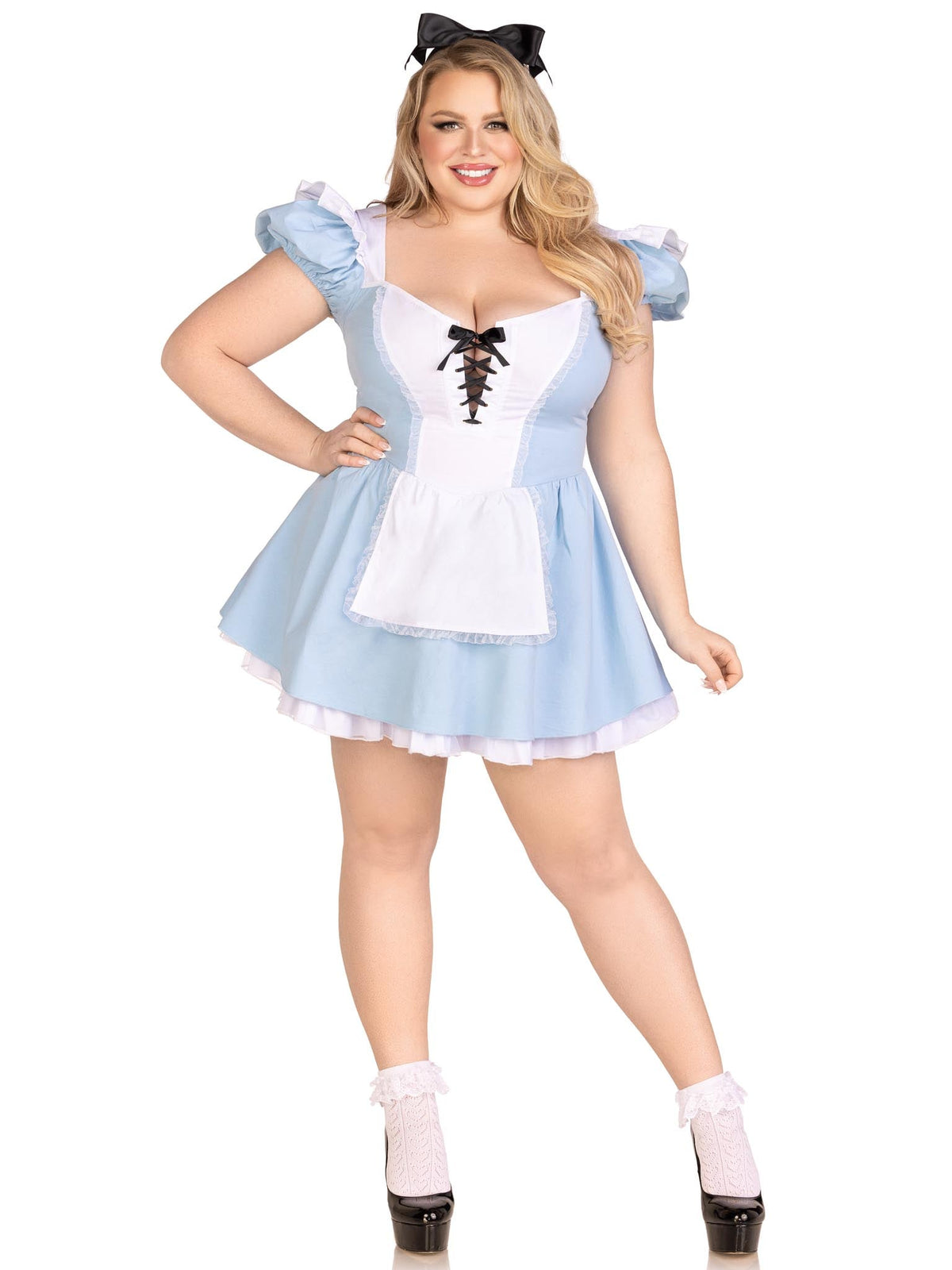 Plus Size 3 PC Storybook Alice Costume, Includes Stretch Twill Lace Up Apron Dress with Built-In Petticoat, Pin On Back Bow, and Bow Headband