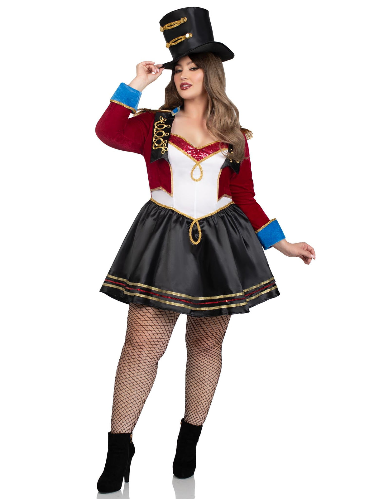 Plus Size 2 PC Classic Ringmaster Costume, Includes Sequin Trimmed Satin Dress with Embroidered Tailcoat and Top Hat