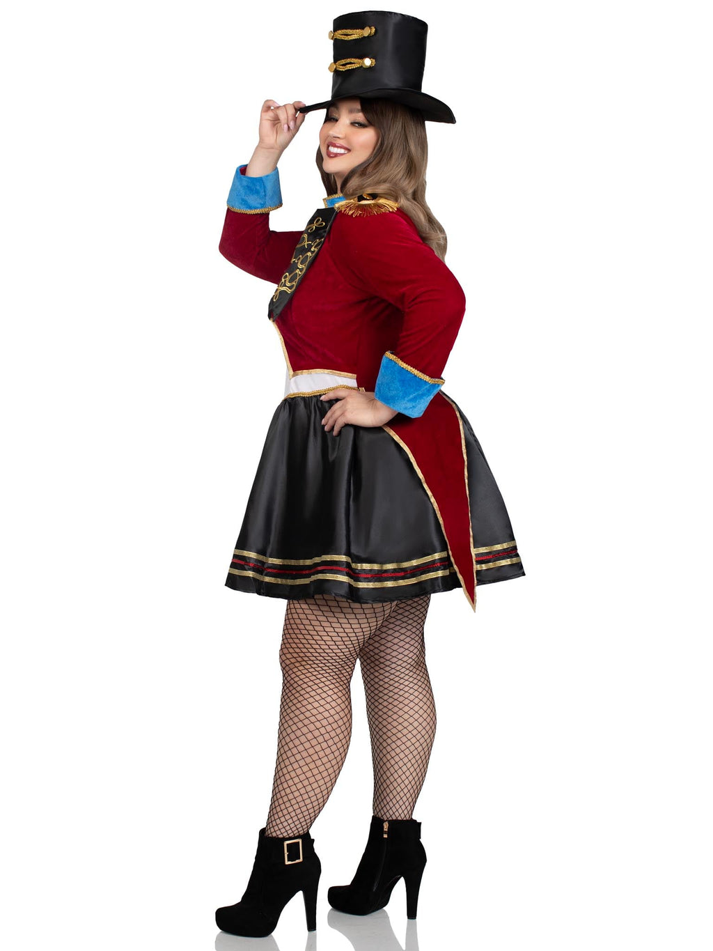 Plus Size 2 PC Classic Ringmaster Costume, Includes Sequin Trimmed Satin Dress with Embroidered Tailcoat and Top Hat