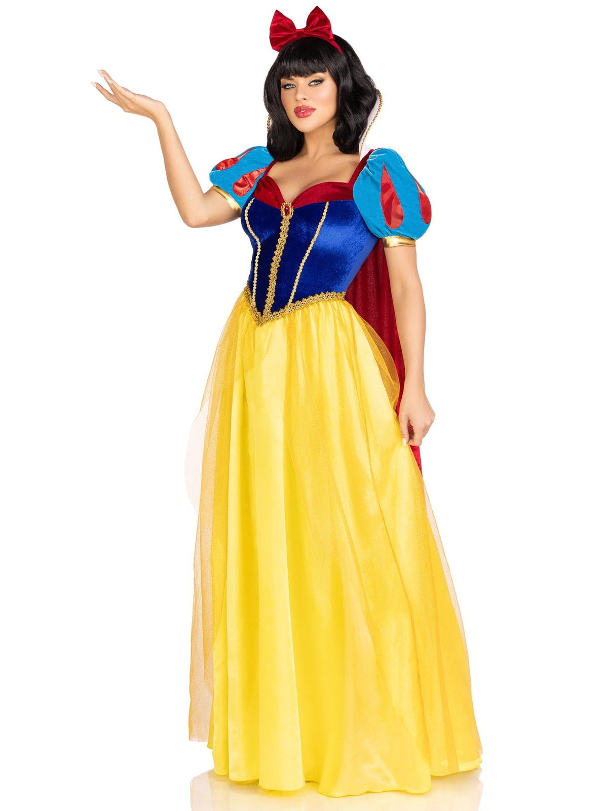 3 PC Royal Miss Snow Costume, Includes Classic Velvet and Satin Long Ball Gown with Braided Gold Trim and Stay Up Collar, Detachable Velvet Cape, and Bow Headband