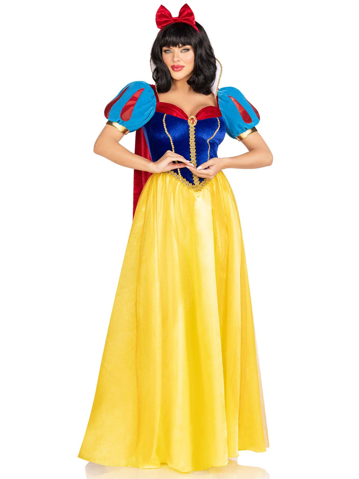 3 PC Royal Miss Snow Costume, Includes Classic Velvet and Satin Long Ball Gown with Braided Gold Trim and Stay Up Collar, Detachable Velvet Cape, and Bow Headband