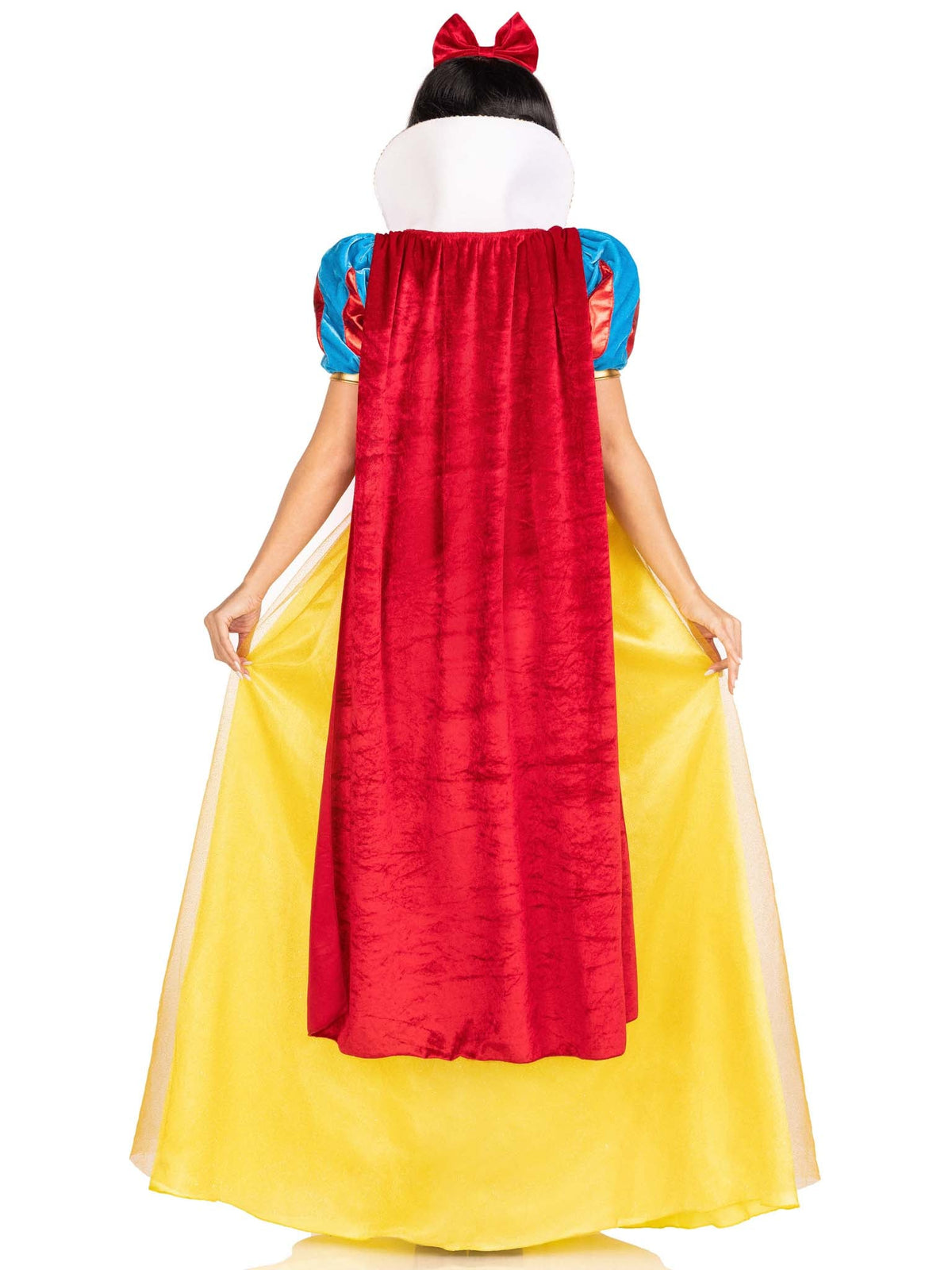 3 PC Royal Miss Snow Costume, Includes Classic Velvet and Satin Long Ball Gown with Braided Gold Trim and Stay Up Collar, Detachable Velvet Cape, and Bow Headband