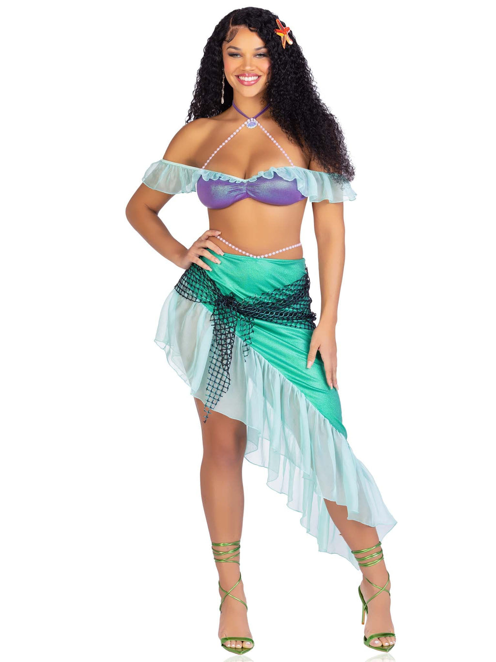 3 PC Spellbound Mermaid Costume, Includes Pearl Halter Iridescent Bra Top with Chiffon Ruffle Sleeve, Asymmetrical Skirt with Pearl Waist Tie and Iridescent Net Wrap, and Sea Star Hair Clip