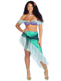 3 PC Spellbound Mermaid Costume, Includes Pearl Halter Iridescent Bra Top with Chiffon Ruffle Sleeve, Asymmetrical Skirt with Pearl Waist Tie and Iridescent Net Wrap, and Sea Star Hair Clip