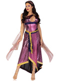 3 PC Amethyst Goddess Costume, Includes Asymmetrical Shimmer Dress with One-Shoulder Buckle Accent and Ribbon Trim, Attached Iridescent Draping with Finger Loop, Gold Leaf Sash, and Headband