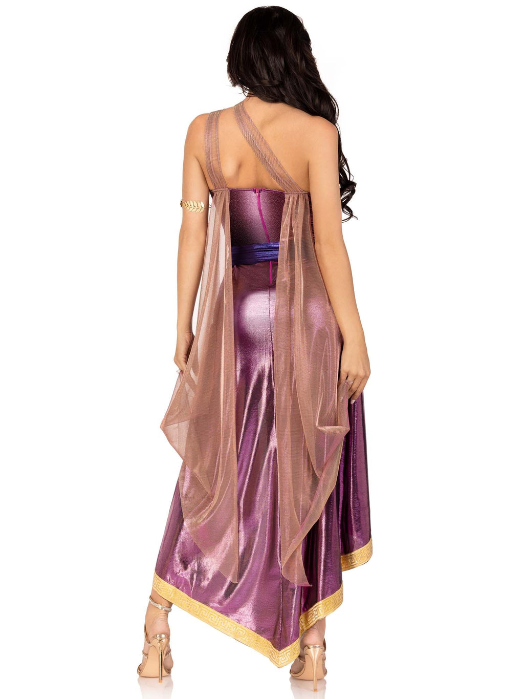 3 PC Amethyst Goddess Costume, Includes Asymmetrical Shimmer Dress with One-Shoulder Buckle Accent and Ribbon Trim, Attached Iridescent Draping with Finger Loop, Gold Leaf Sash, and Headband