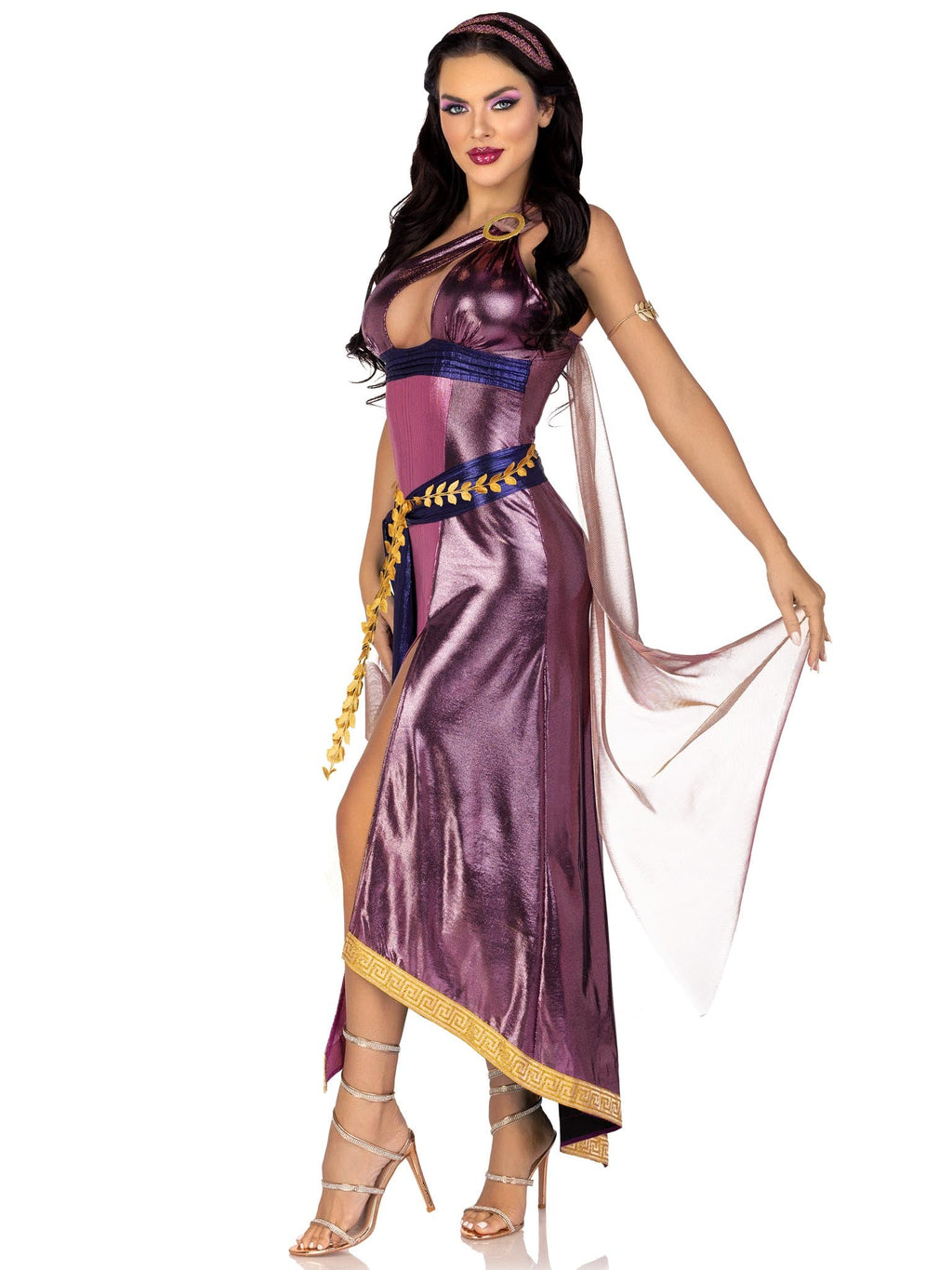 3 PC Amethyst Goddess Costume, Includes Asymmetrical Shimmer Dress with One-Shoulder Buckle Accent and Ribbon Trim, Attached Iridescent Draping with Finger Loop, Gold Leaf Sash, and Headband