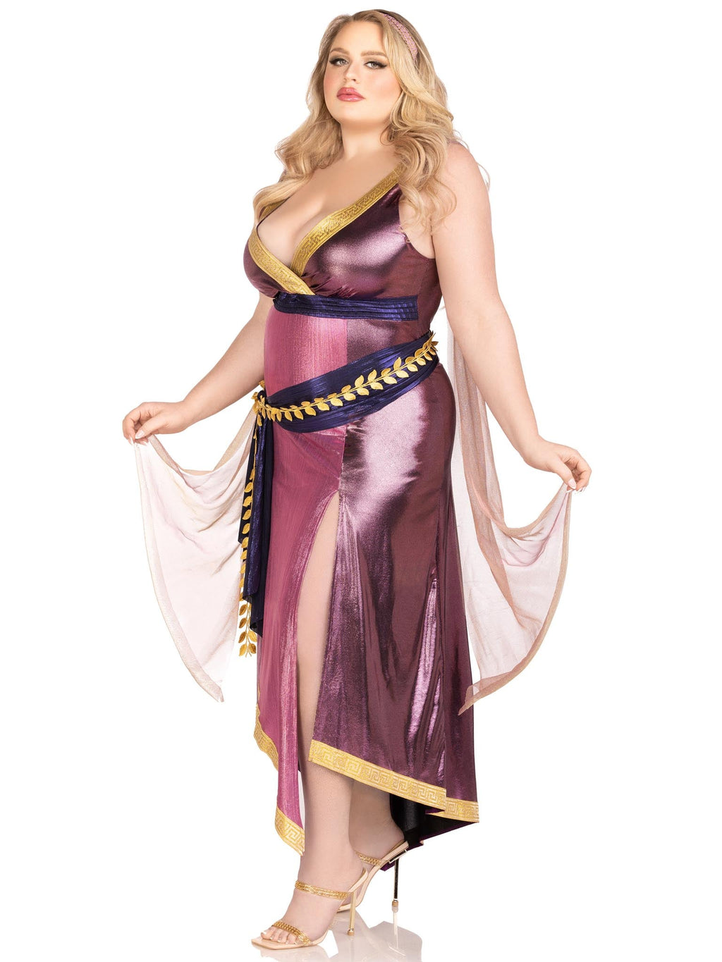 Plus Size 3 PC Amethyst Goddess Costume, Includes Shimmer High Slit Dress with Ribbon Trim, Attached Iridescent Draping with Finger Loop, Gold Leaf Sash, and Headband