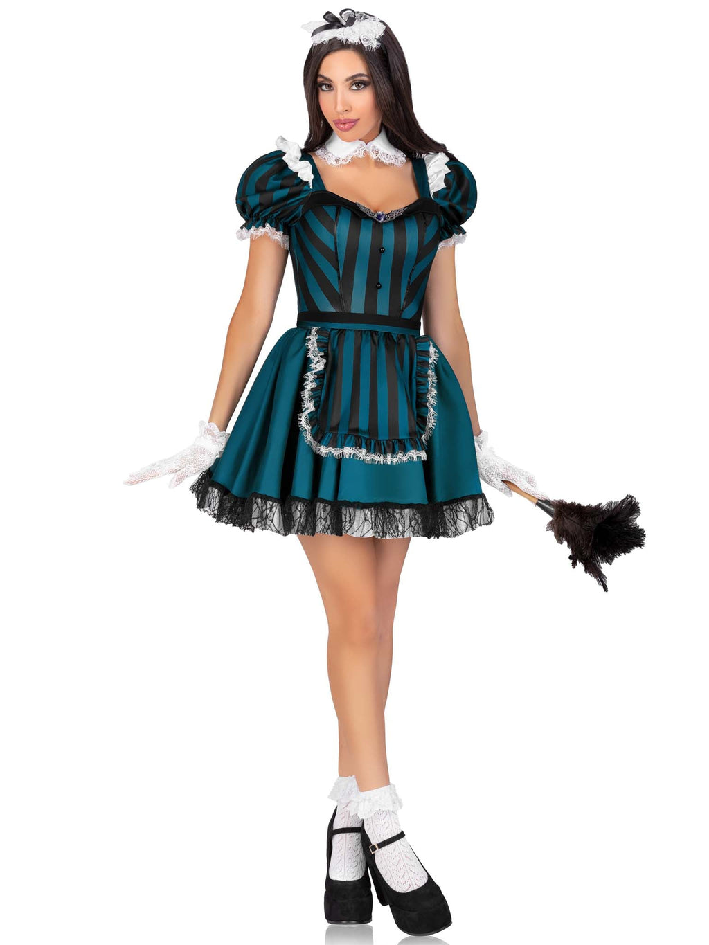 4 PC Victorian Maid Costume, Includes Striped Dress with Jewel Accent and Built-In Petticoat, Lace Trimmed Apron, Collar, and Head Piece