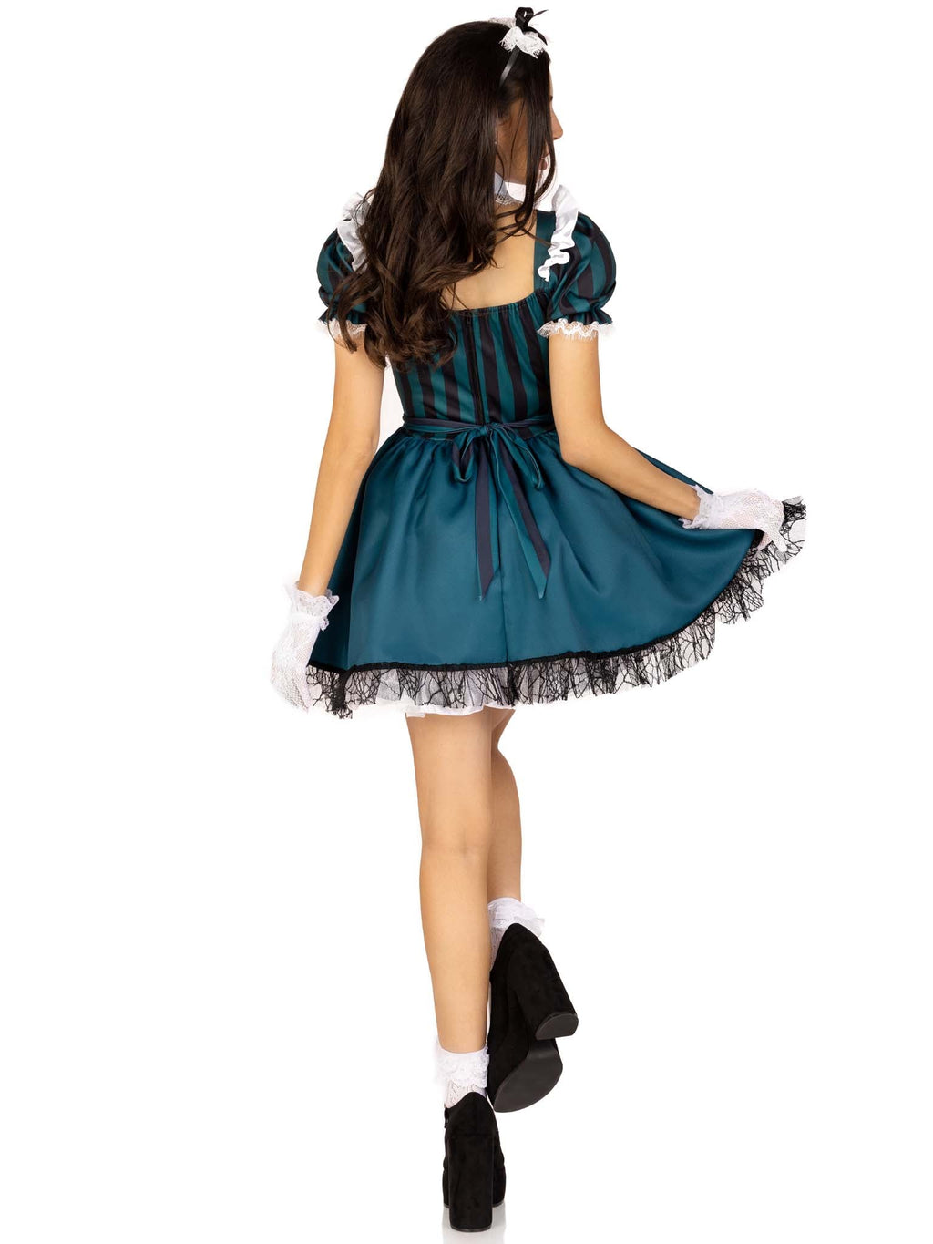 4 PC Victorian Maid Costume, Includes Striped Dress with Jewel Accent and Built-In Petticoat, Lace Trimmed Apron, Collar, and Head Piece