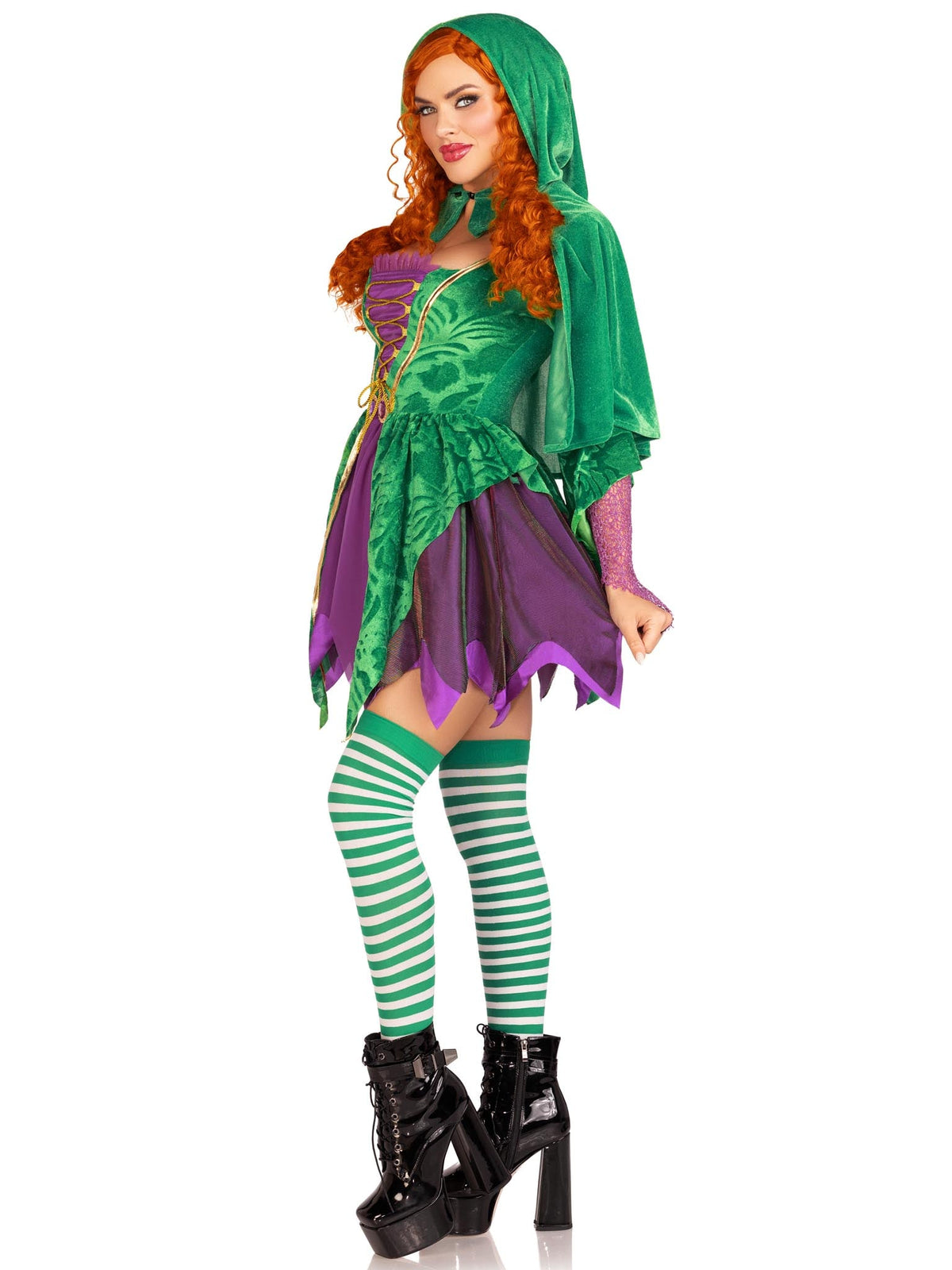 2 PC Crafty Spellcaster Costume, Includes Velvet Dress with Iridescent Tattered Skirt and Net Gauntlet Sleeve, Lace Up Front and Jewels Accents, and Collared Caplet with Pointed Hood