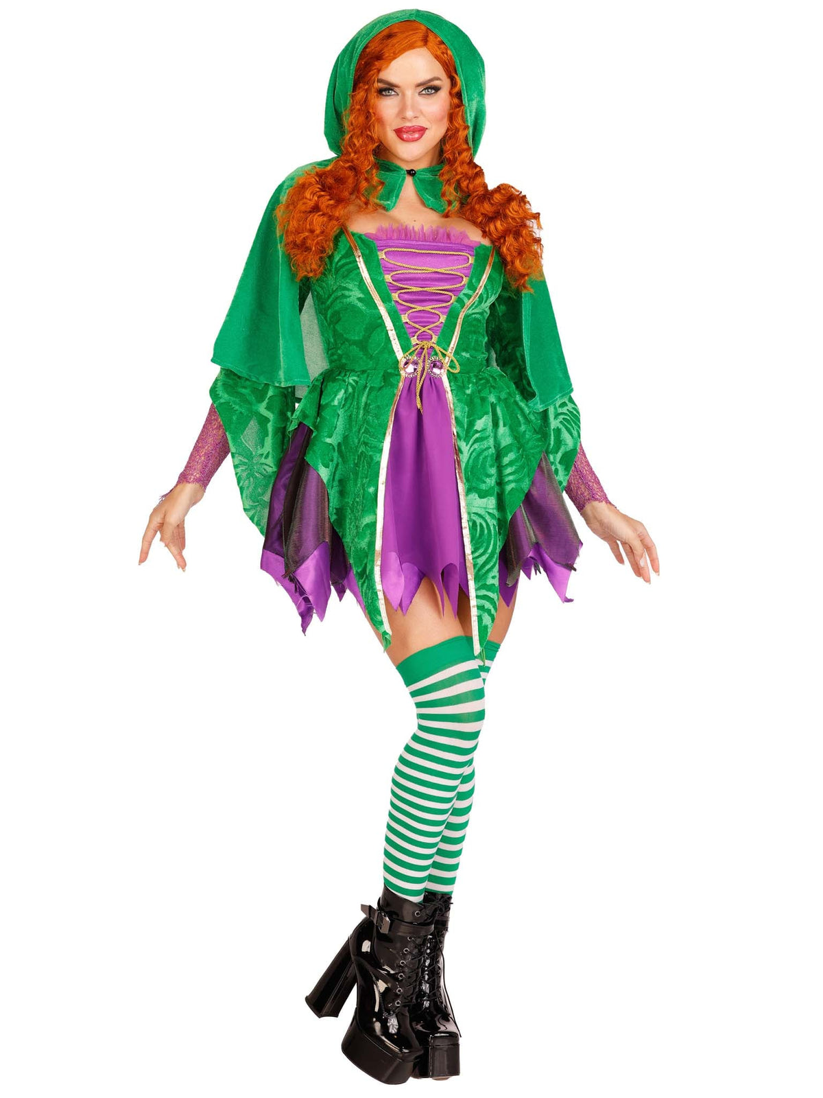 2 PC Crafty Spellcaster Costume, Includes Velvet Dress with Iridescent Tattered Skirt and Net Gauntlet Sleeve, Lace Up Front and Jewels Accents, and Collared Caplet with Pointed Hood