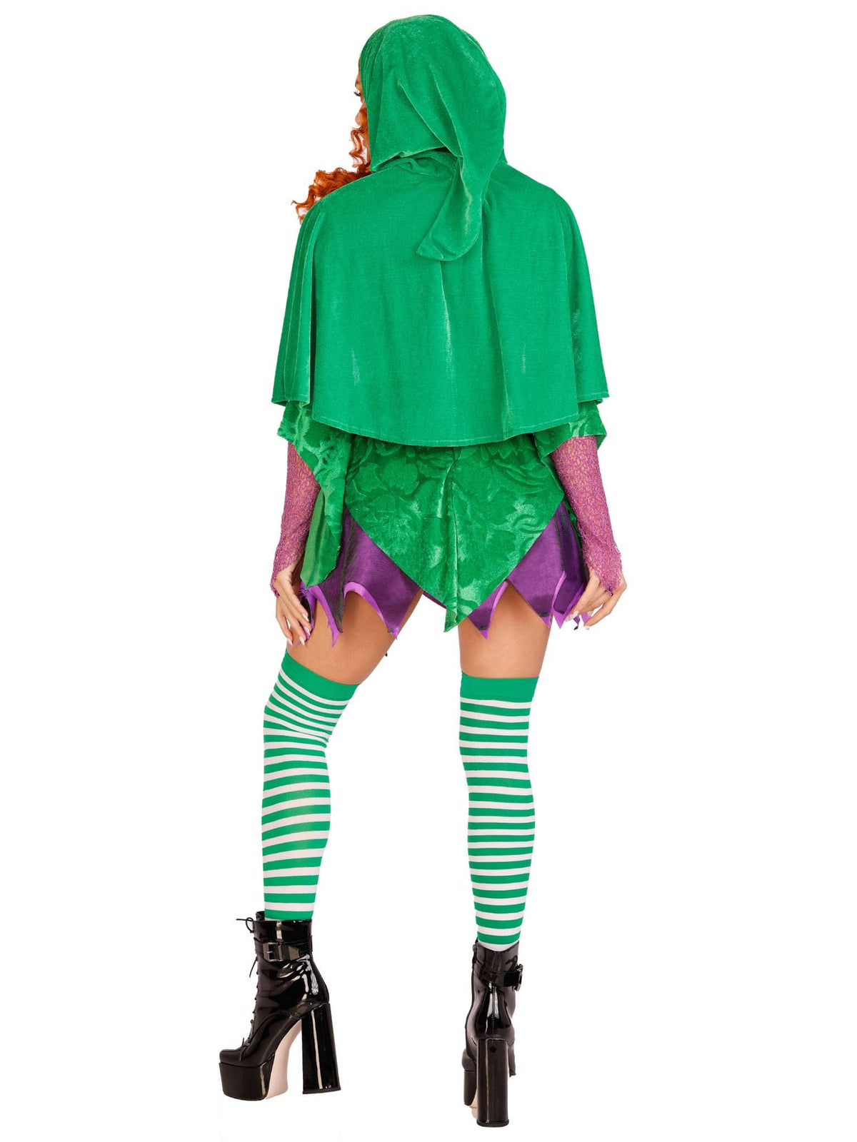 2 PC Crafty Spellcaster Costume, Includes Velvet Dress with Iridescent Tattered Skirt and Net Gauntlet Sleeve, Lace Up Front and Jewels Accents, and Collared Caplet with Pointed Hood