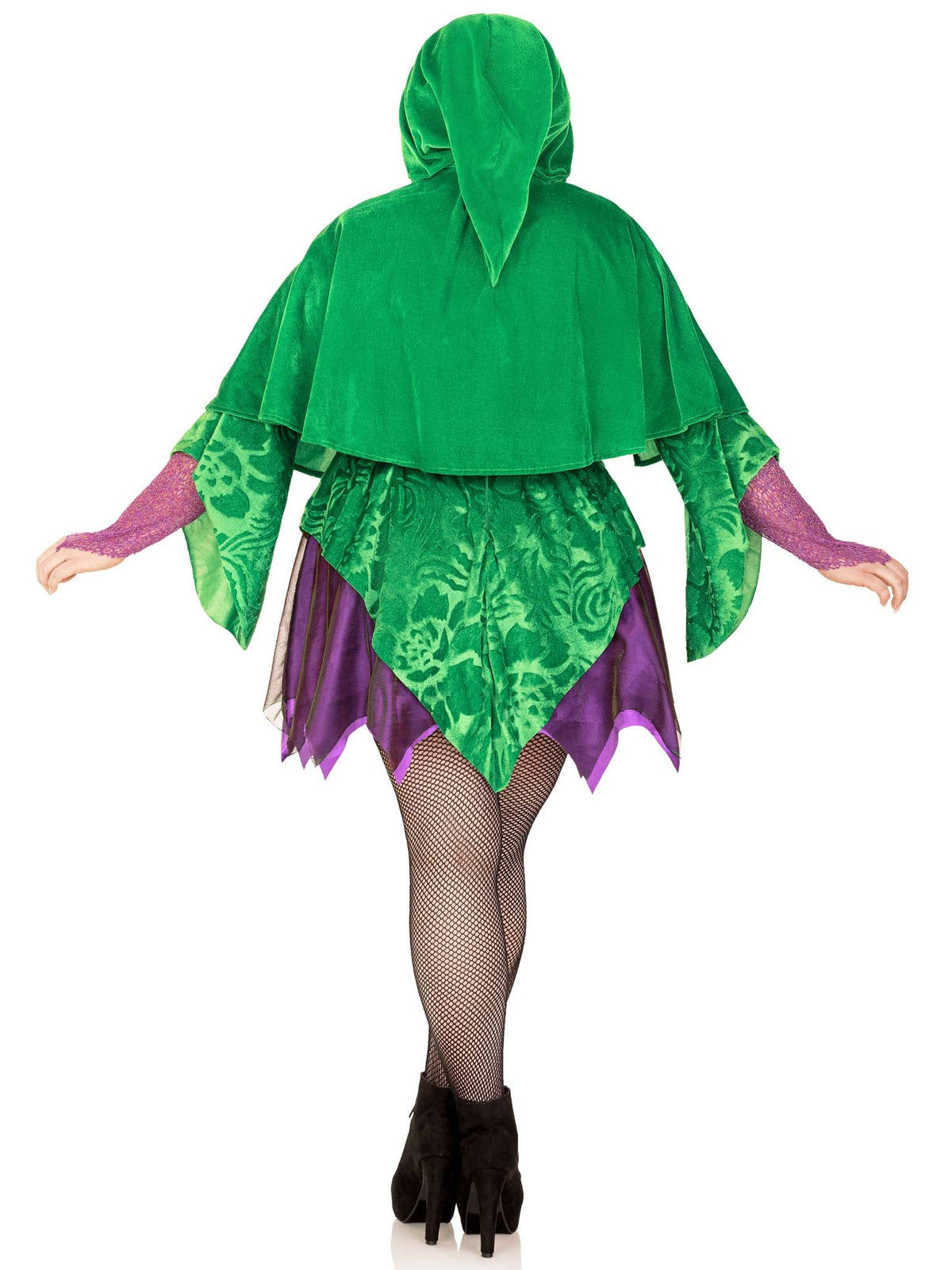 Plus Size 2 PC Crafty Spellcaster Costume, Includes Velvet Dress with Iridescent Tattered Skirt and Net Gauntlet Sleeve, Lace Up Front and Jewels Accents, and Collared Caplet with Pointed Hood