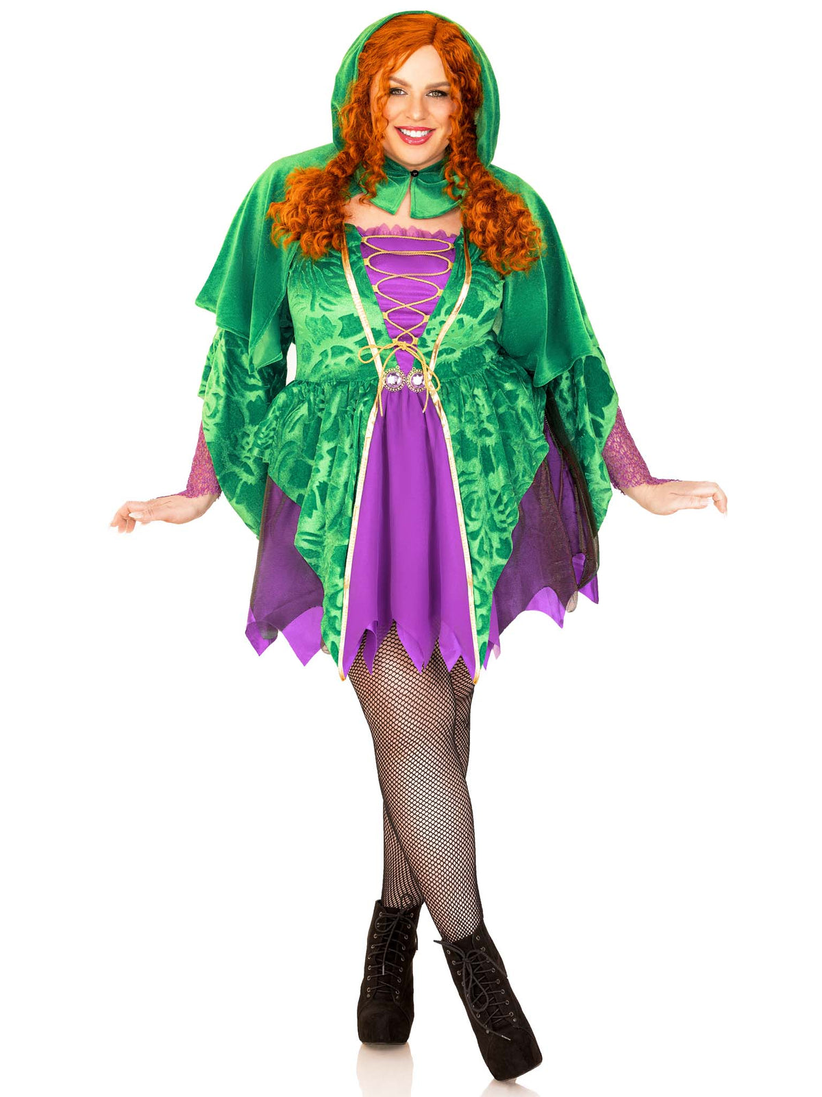 Plus Size 2 PC Crafty Spellcaster Costume, Includes Velvet Dress with Iridescent Tattered Skirt and Net Gauntlet Sleeve, Lace Up Front and Jewels Accents, and Collared Caplet with Pointed Hood