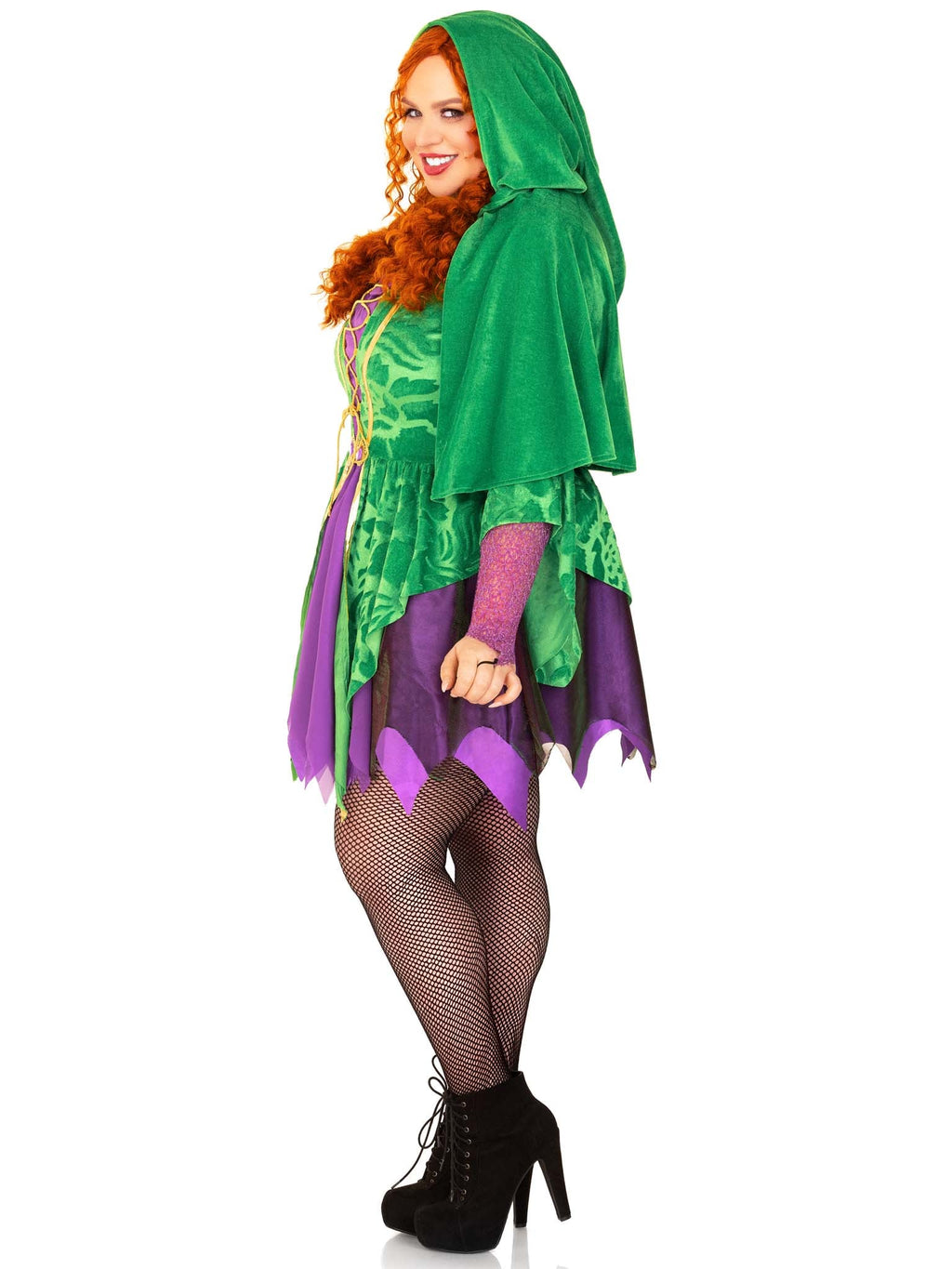 Plus Size 2 PC Crafty Spellcaster Costume, Includes Velvet Dress with Iridescent Tattered Skirt and Net Gauntlet Sleeve, Lace Up Front and Jewels Accents, and Collared Caplet with Pointed Hood