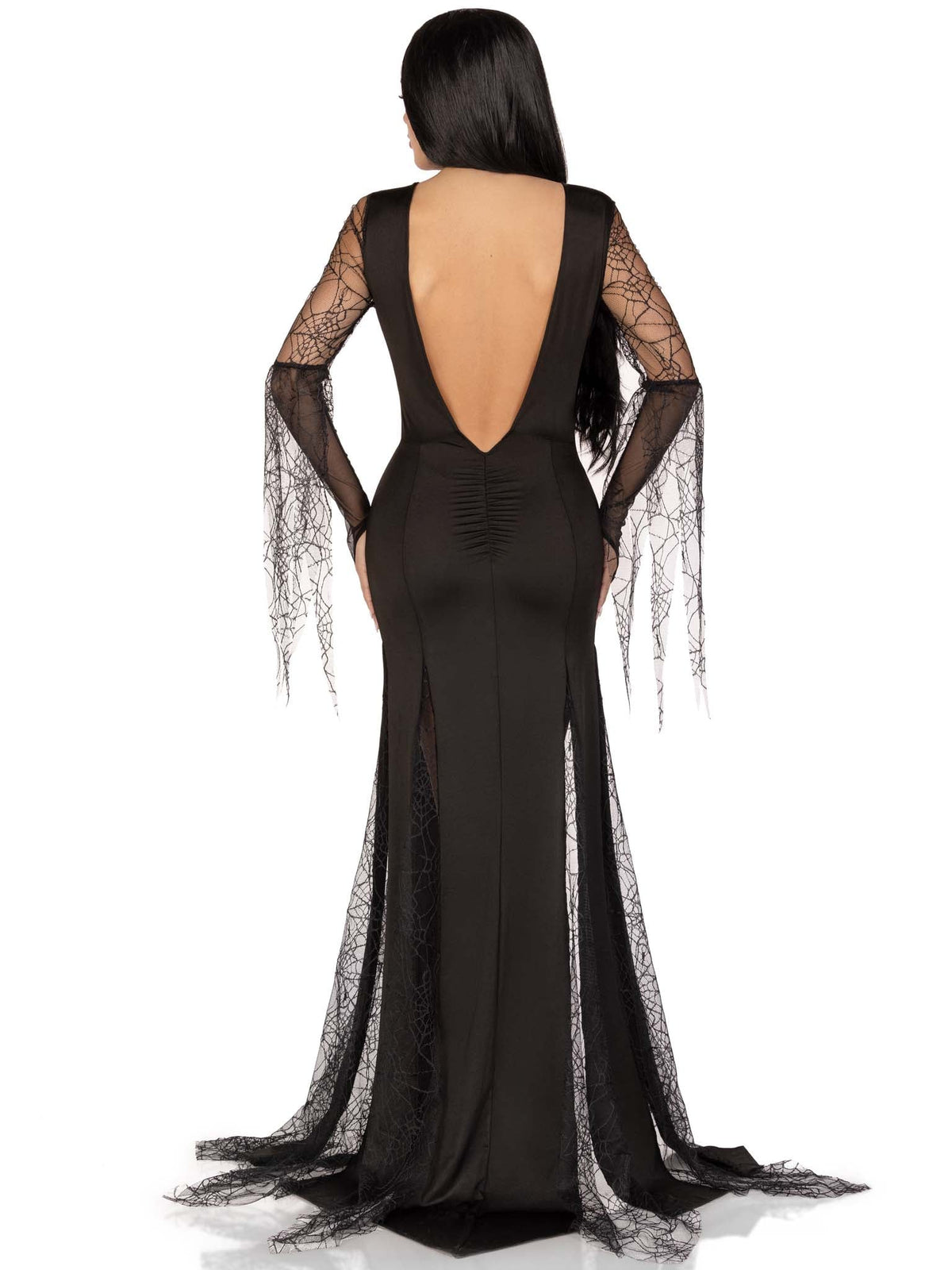 1 PC Spooky Beauty Costume, Includes Backless Deep-V Dress with Sequin Trim and Ruched Back, Spiderweb Gauntlet Sleeves, and High Slit Tentacle Skirt