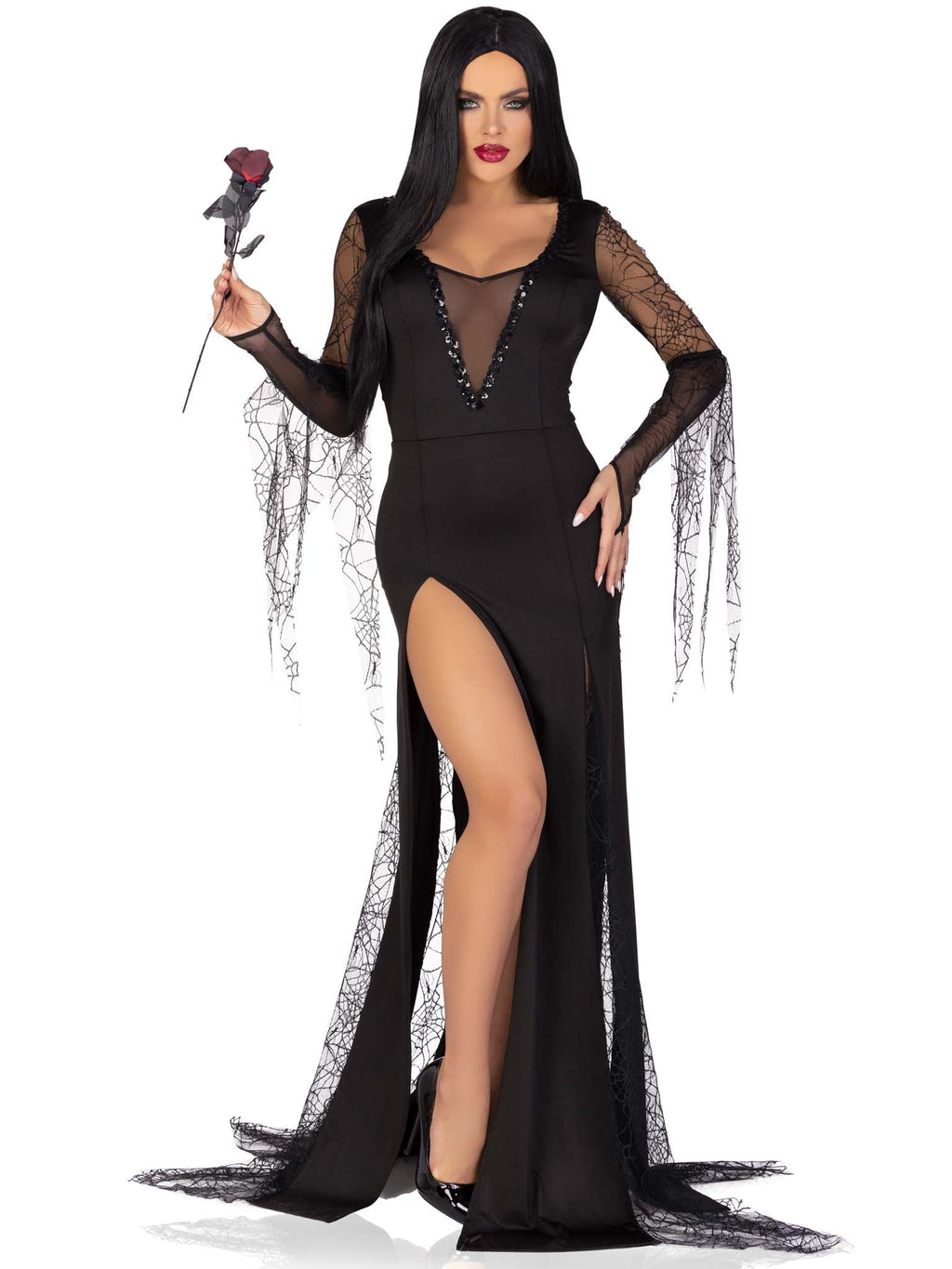1 PC Spooky Beauty Costume, Includes Backless Deep-V Dress with Sequin Trim and Ruched Back, Spiderweb Gauntlet Sleeves, and High Slit Tentacle Skirt