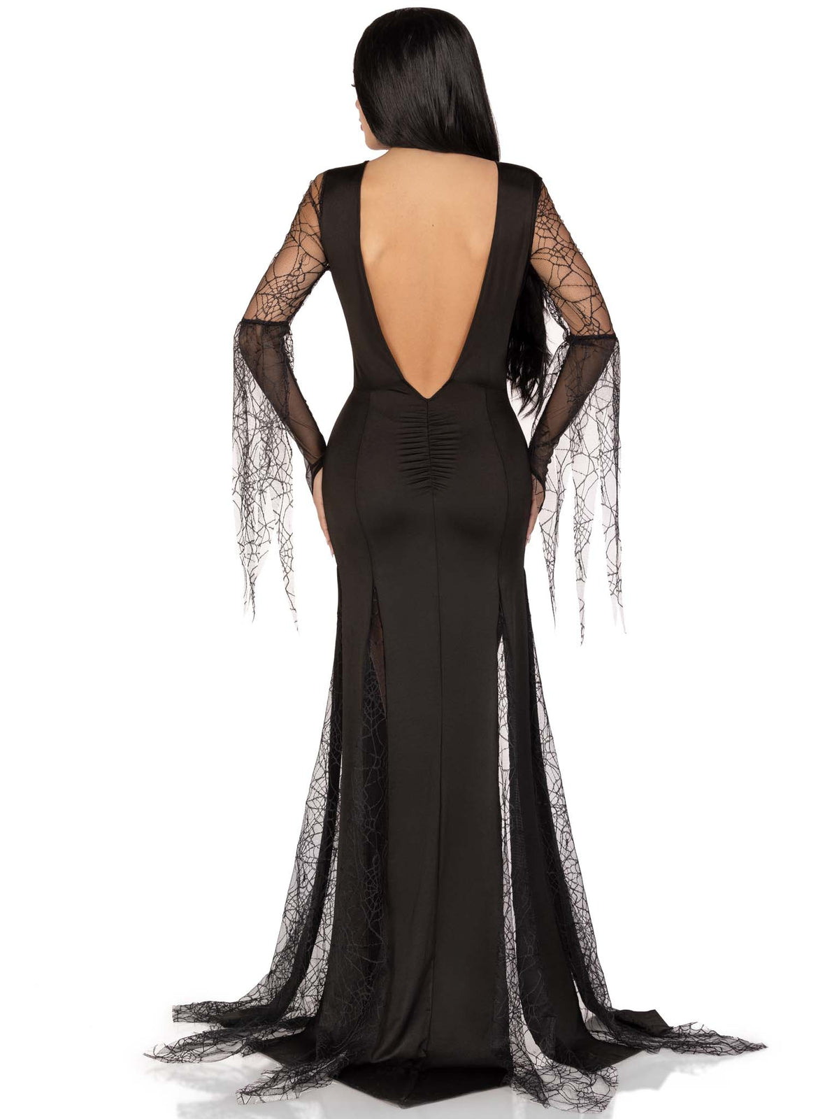 1 PC Spooky Beauty Costume, Includes Backless Deep-V Dress with Sequin Trim and Ruched Back, Spiderweb Gauntlet Sleeves, and High Slit Tentacle Skirt