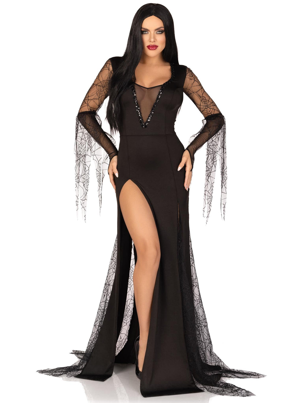 1 PC Spooky Beauty Costume, Includes Backless Deep-V Dress with Sequin Trim and Ruched Back, Spiderweb Gauntlet Sleeves, and High Slit Tentacle Skirt
