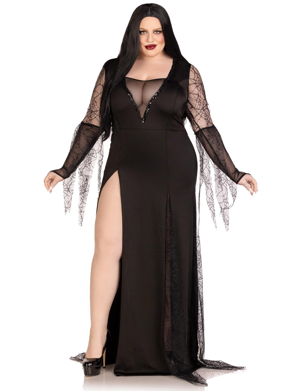 Plus Size 1 PC Spooky Beauty Costume, Includes Backless Deep-V Dress with Sequin Trim and Ruched Back, Spiderweb Gauntlet Sleeves, and High Slit Tentacle Skirt