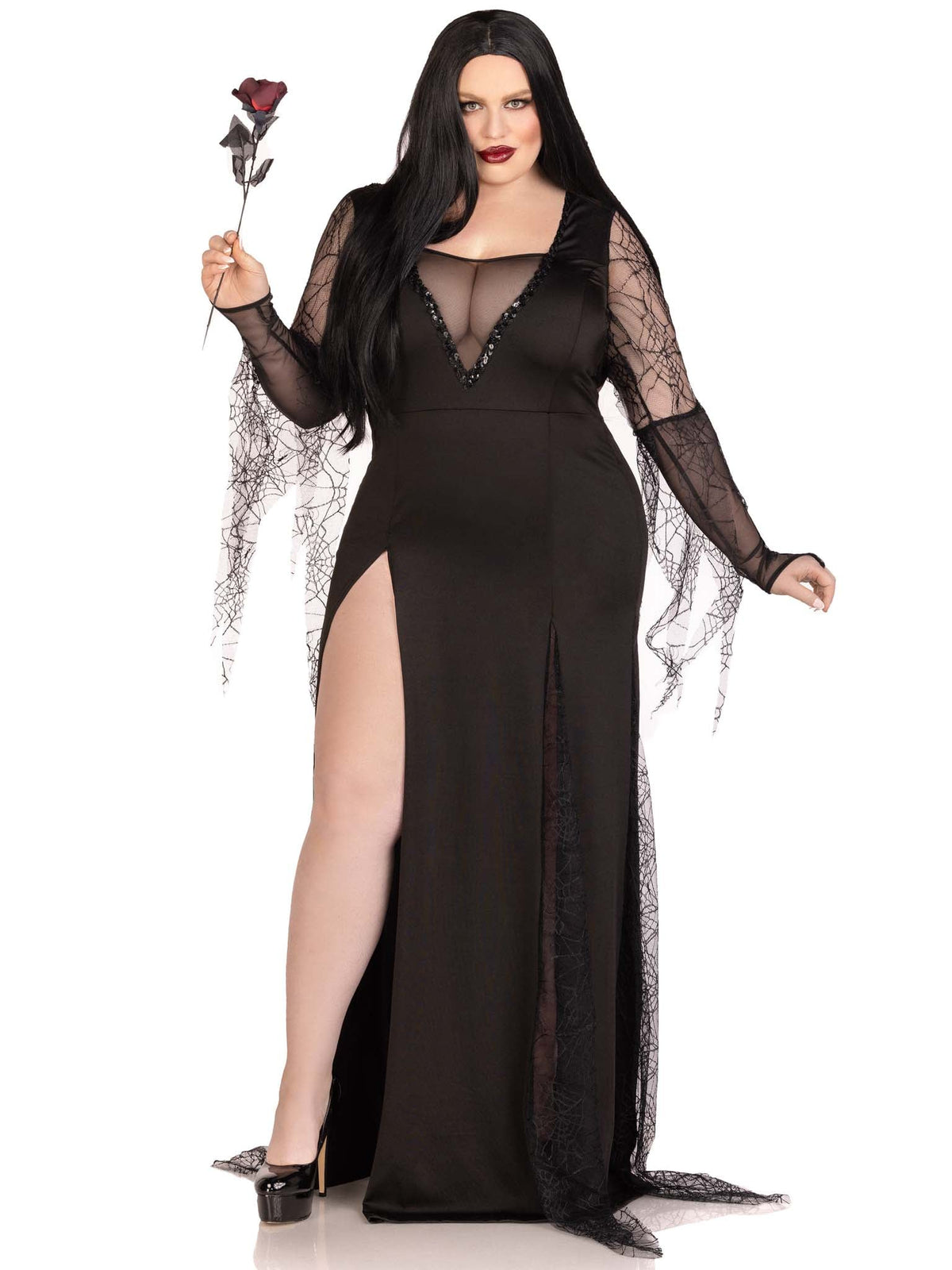 Plus Size 1 PC Spooky Beauty Costume, Includes Backless Deep-V Dress with Sequin Trim and Ruched Back, Spiderweb Gauntlet Sleeves, and High Slit Tentacle Skirt